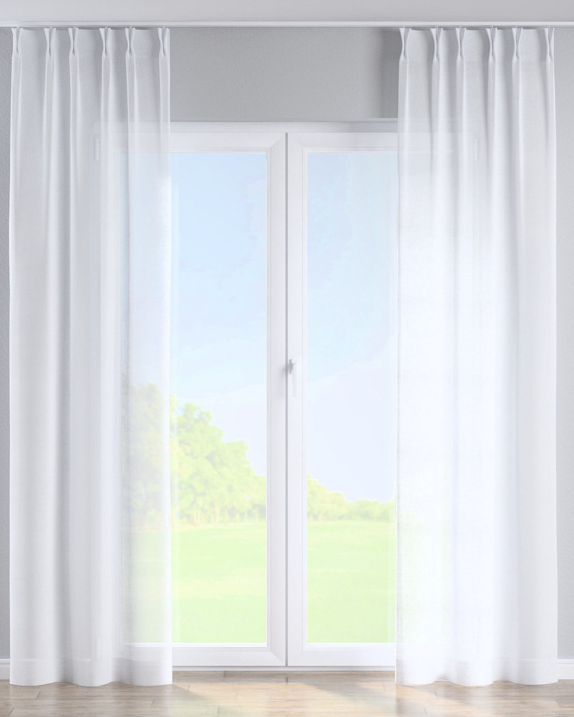 Double pinch pleat curtain colour white fabric semi-sheer, structured