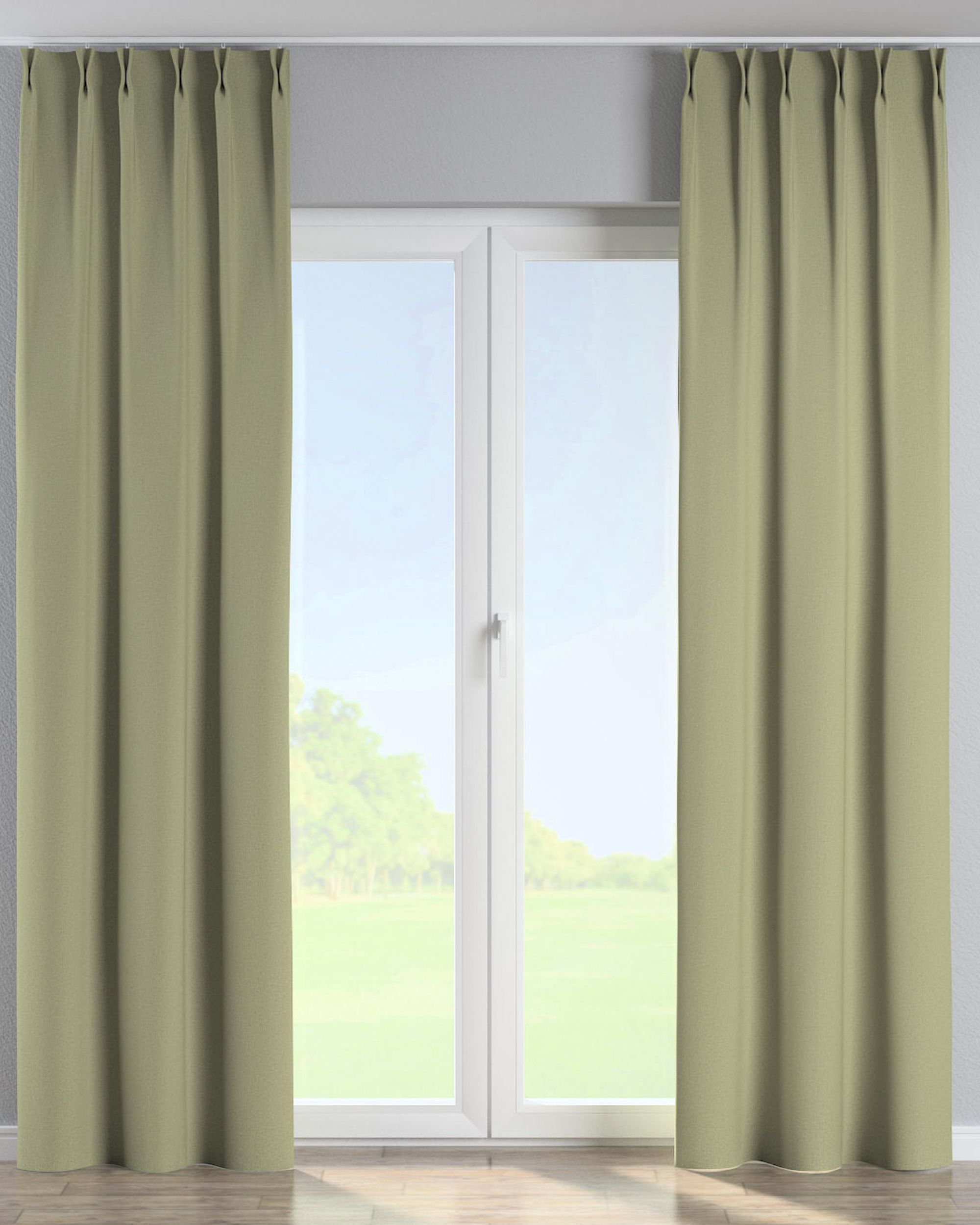 Double pinch pleat curtain colour green fabric structured, blackout