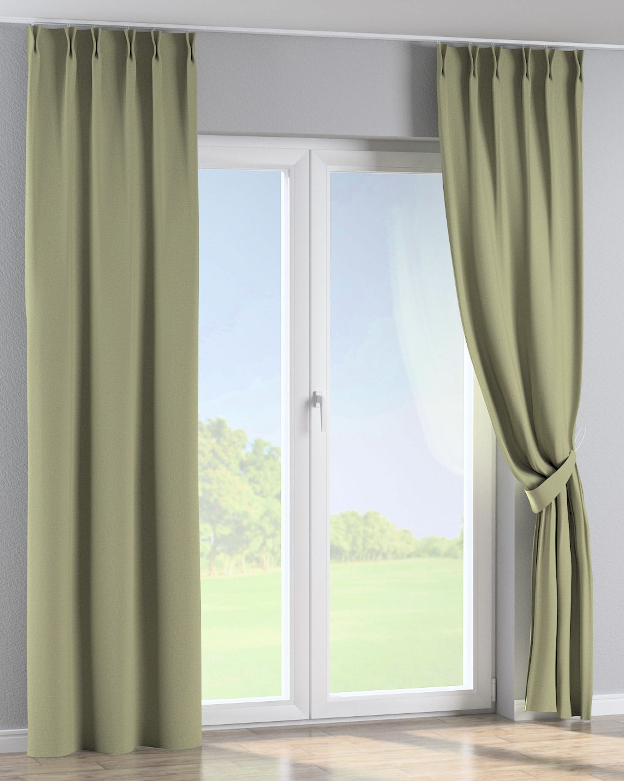 Double pinch pleat curtain colour green fabric structured, blackout (hover)