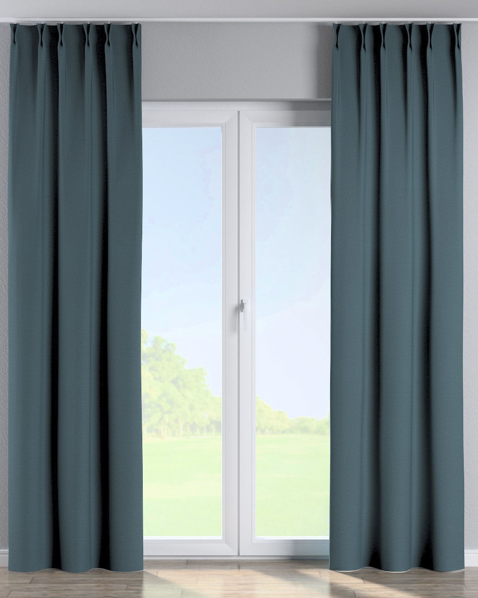 Double pinch pleat curtain colour blue fabric structured, blackout