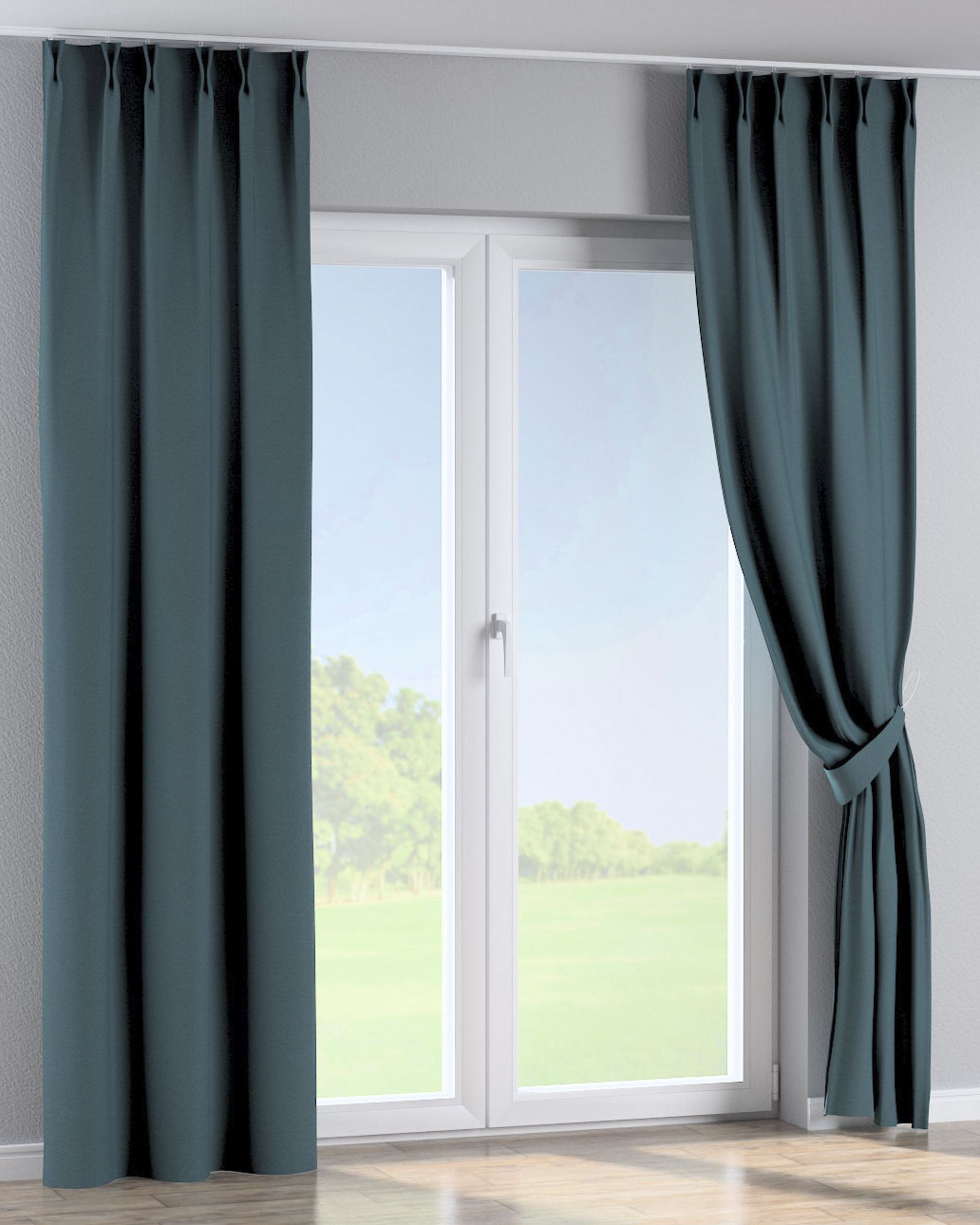 Double pinch pleat curtain colour blue fabric structured, blackout (hover)