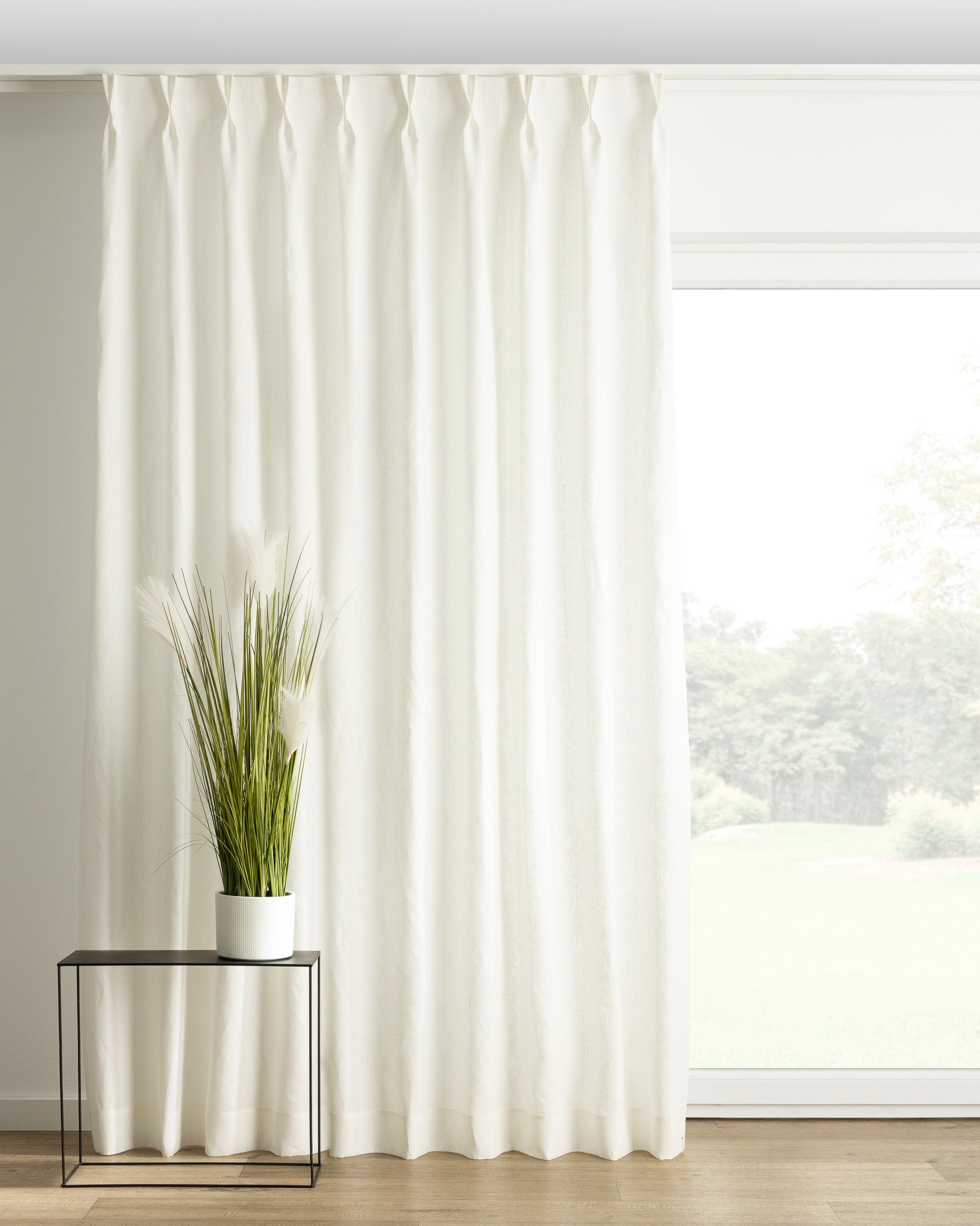 Double pinch pleat curtain colour white fabric semi-sheer, structured, linen