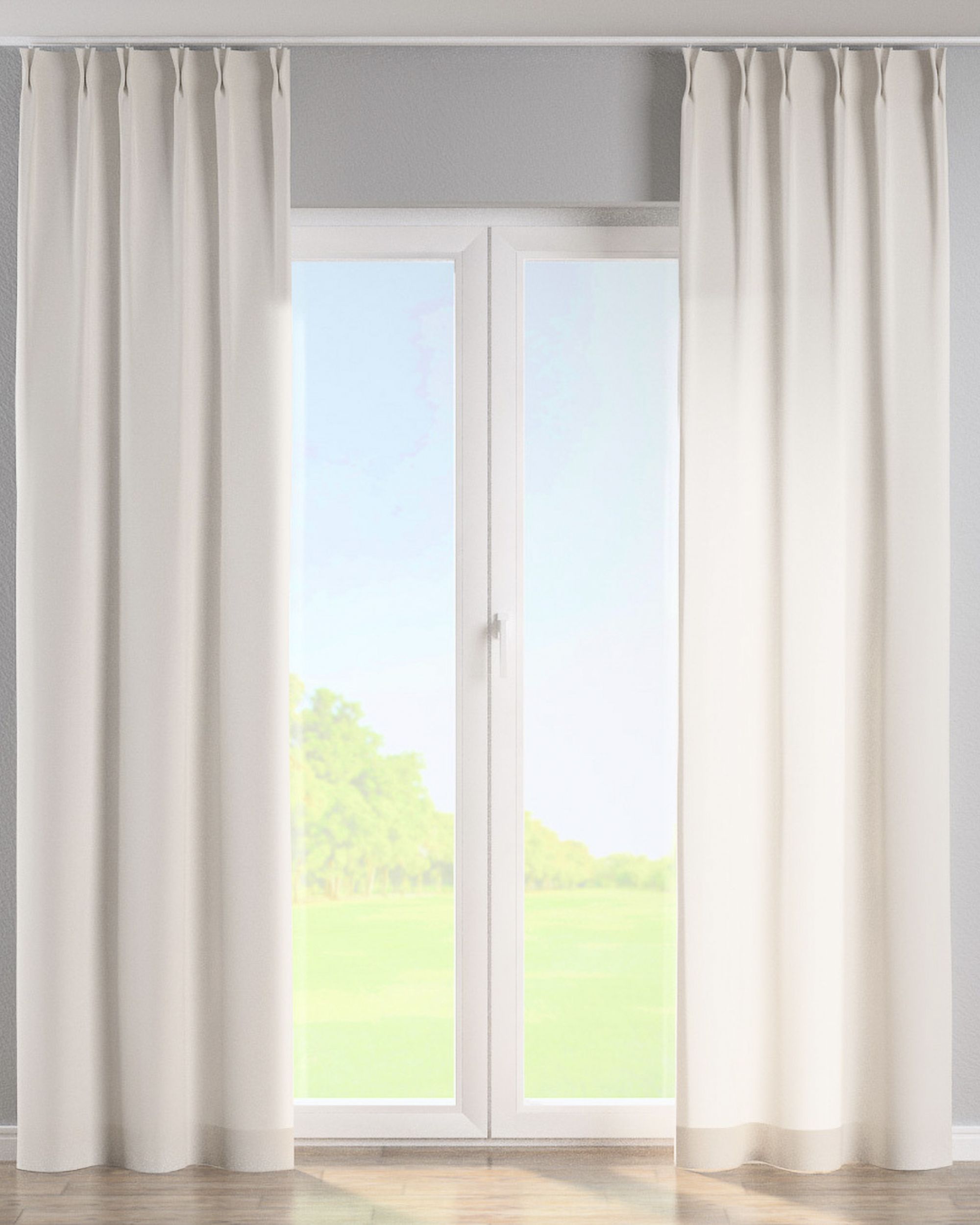 Double pinch pleat curtain colour white fabric semi-sheer, structured