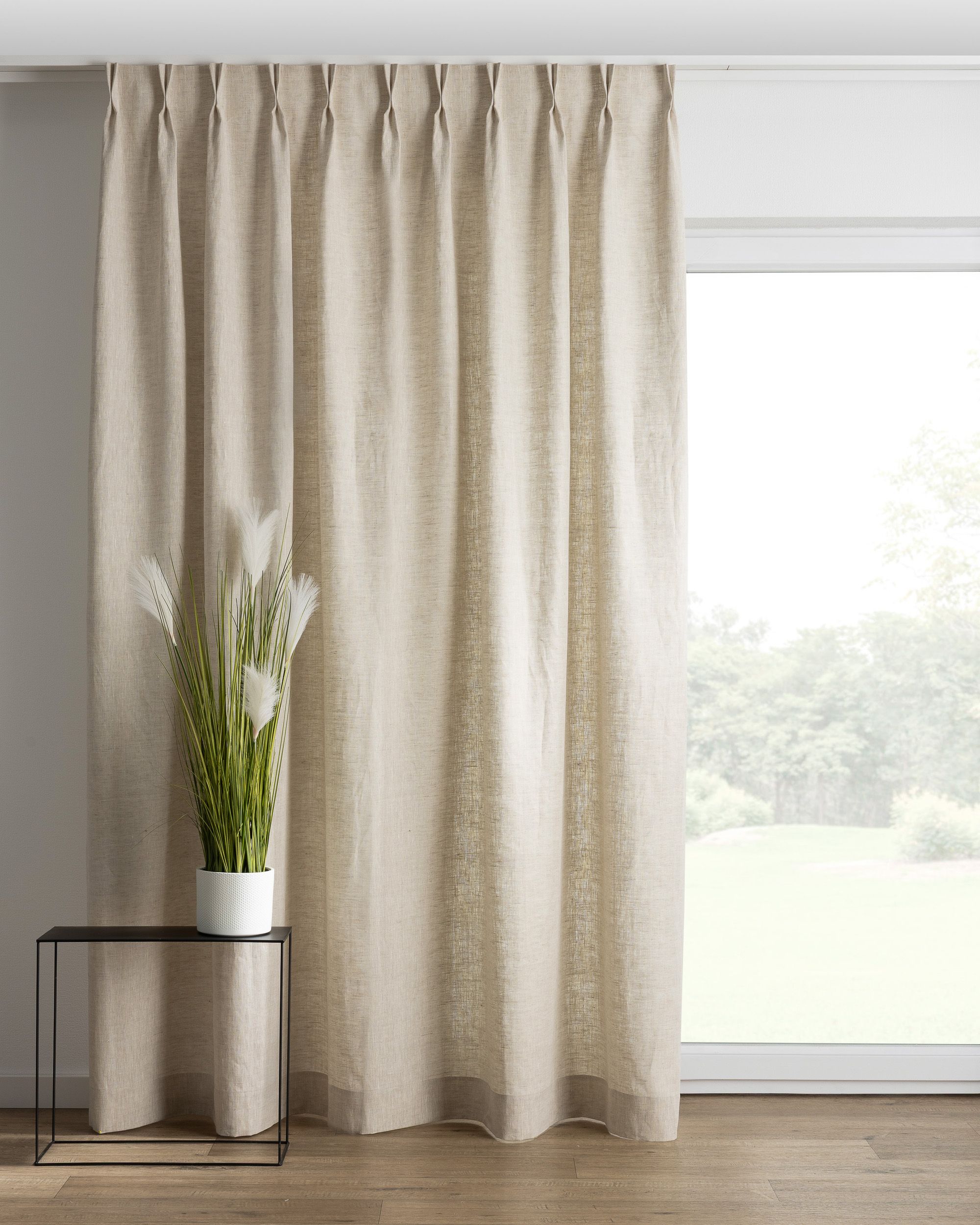 Double pinch pleat curtain colour beige fabric semi-sheer, structured, linen