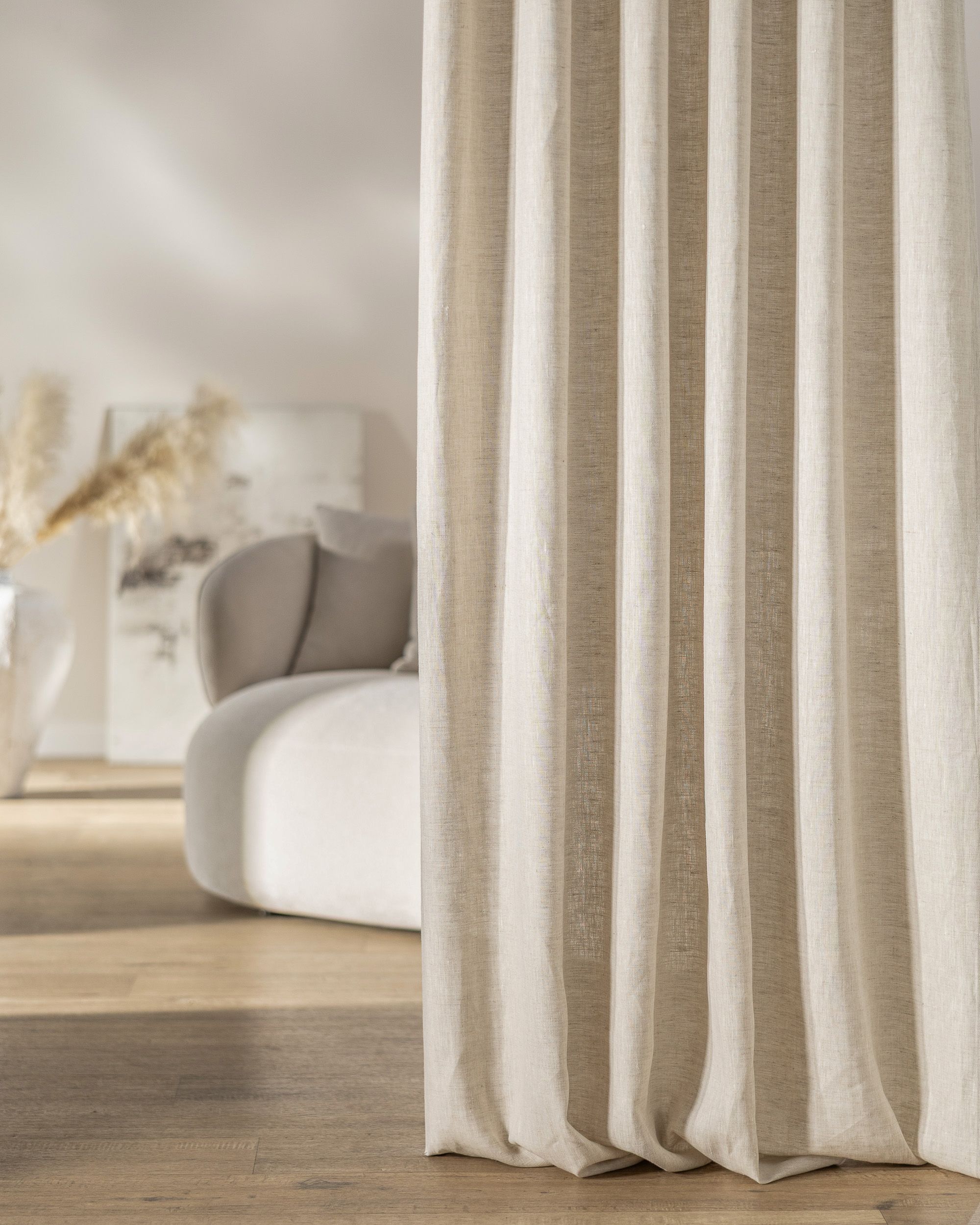 Double pinch pleat curtain colour beige fabric semi-sheer, structured, linen (hover)