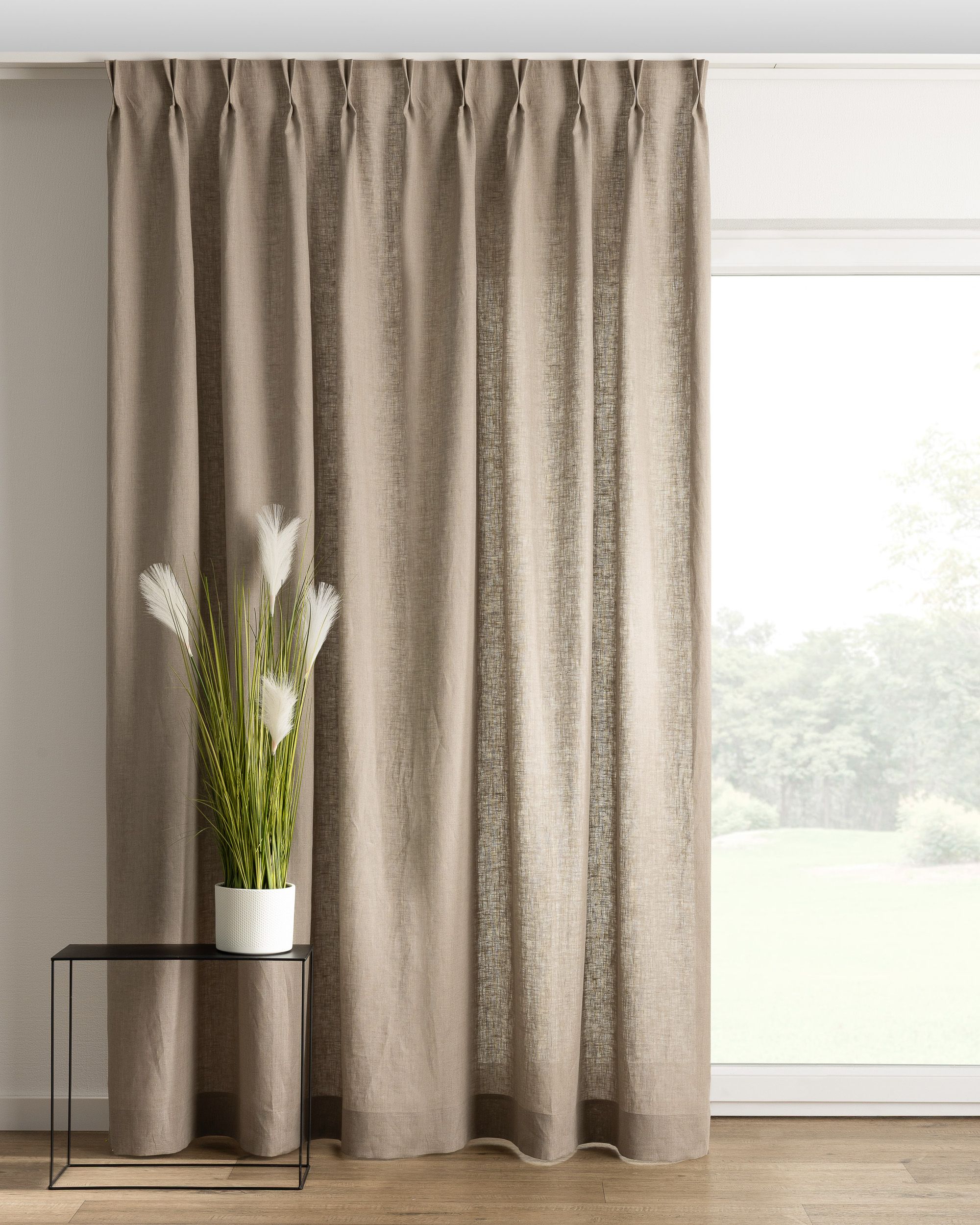 Double pinch pleat curtain colour beige fabric semi-sheer, structured, linen