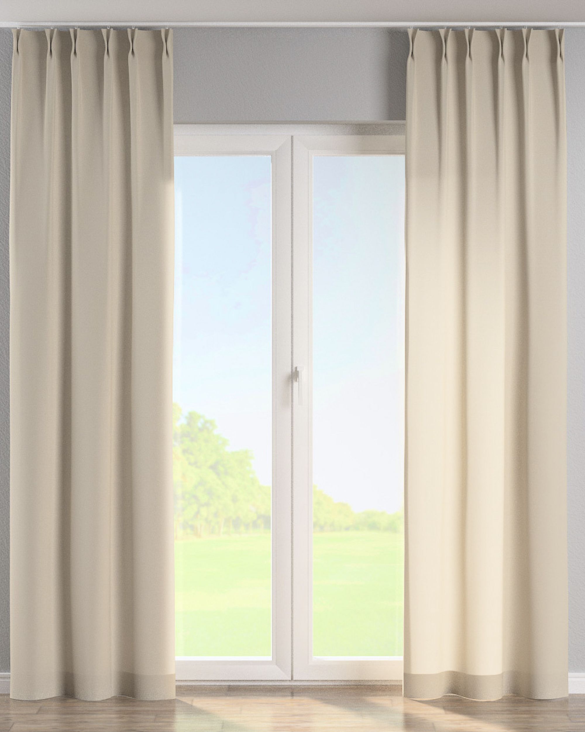 Double pinch pleat curtain colour beige fabric semi-sheer, structured