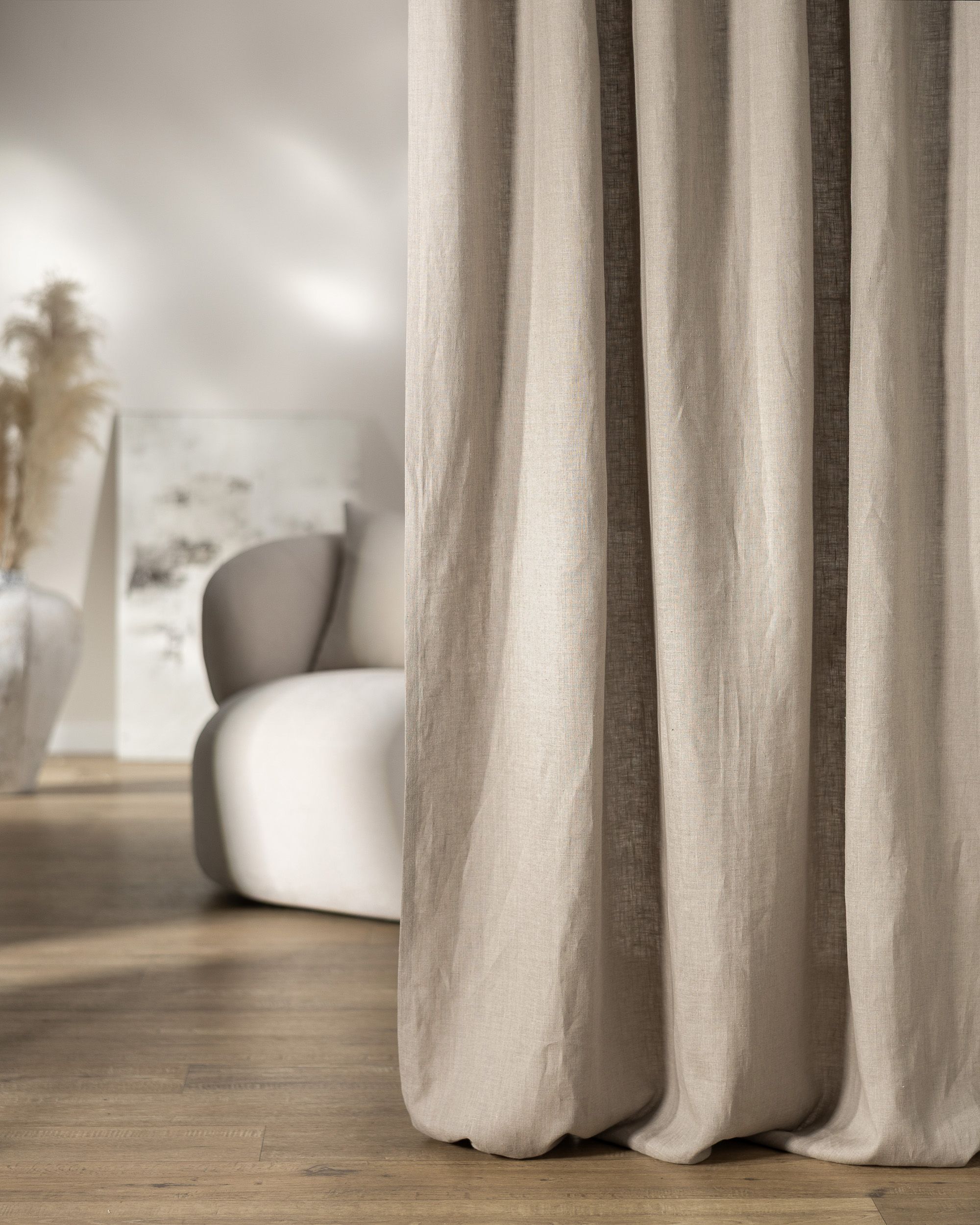 Double pinch pleat curtain colour beige fabric semi-sheer, structured, linen (hover)