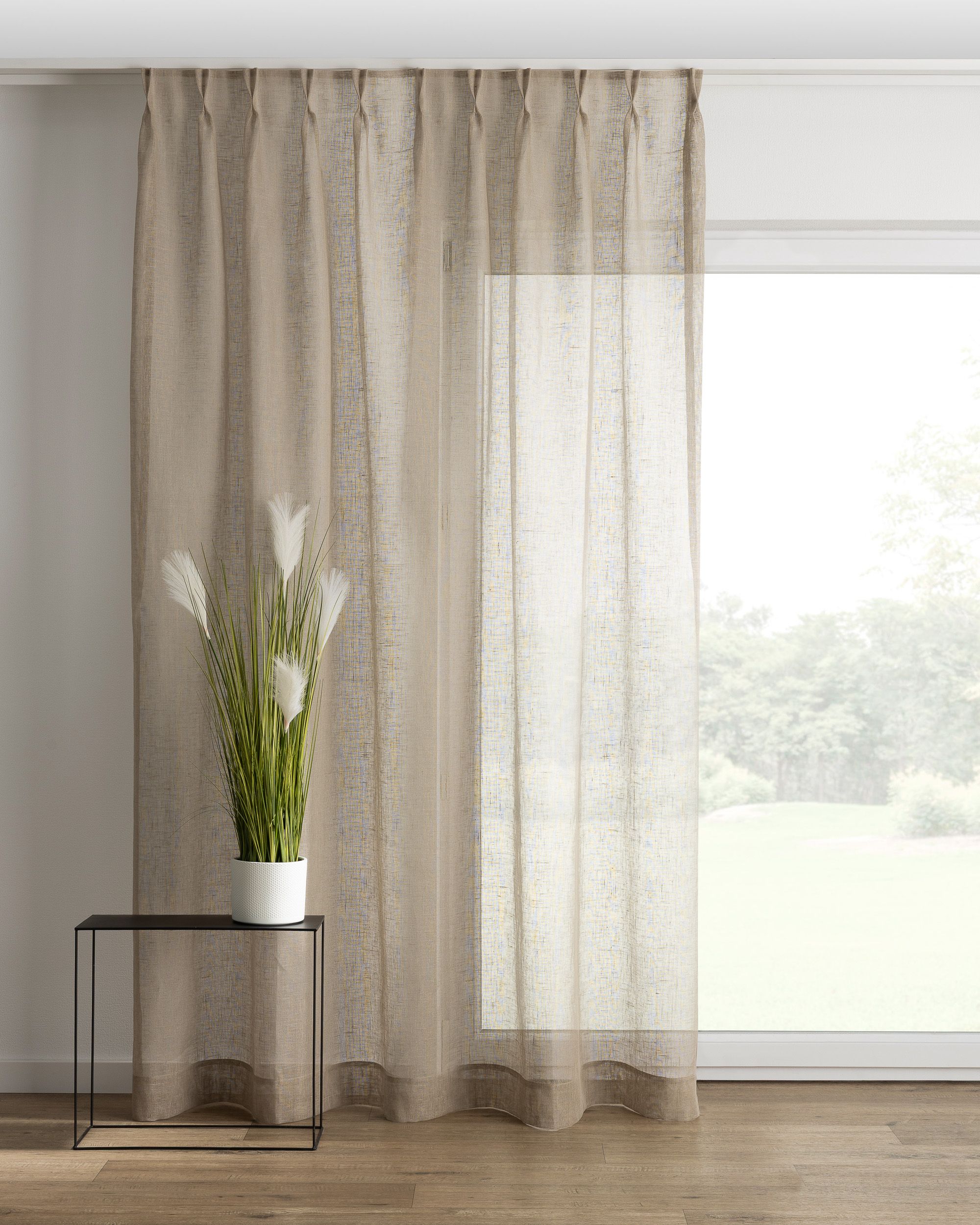 Double pinch pleat curtain colour beige fabric semi-sheer, structured, linen