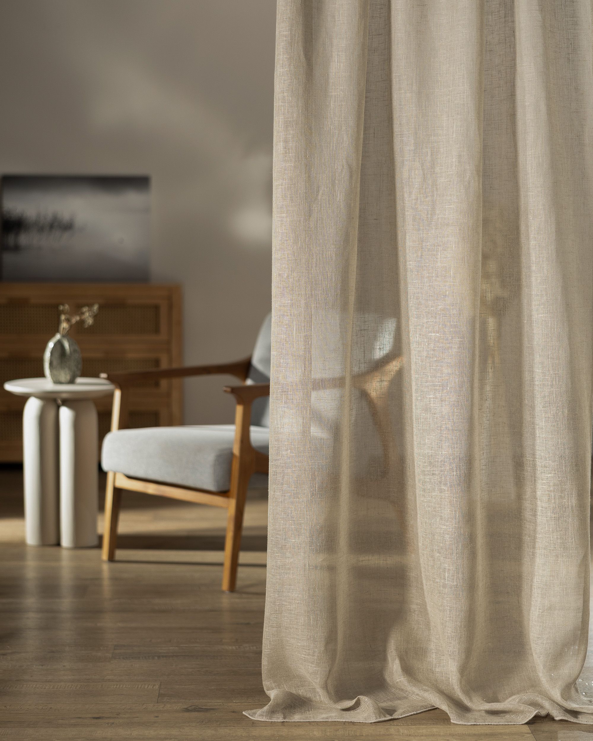 Double pinch pleat curtain colour beige fabric semi-sheer, structured, linen (hover)