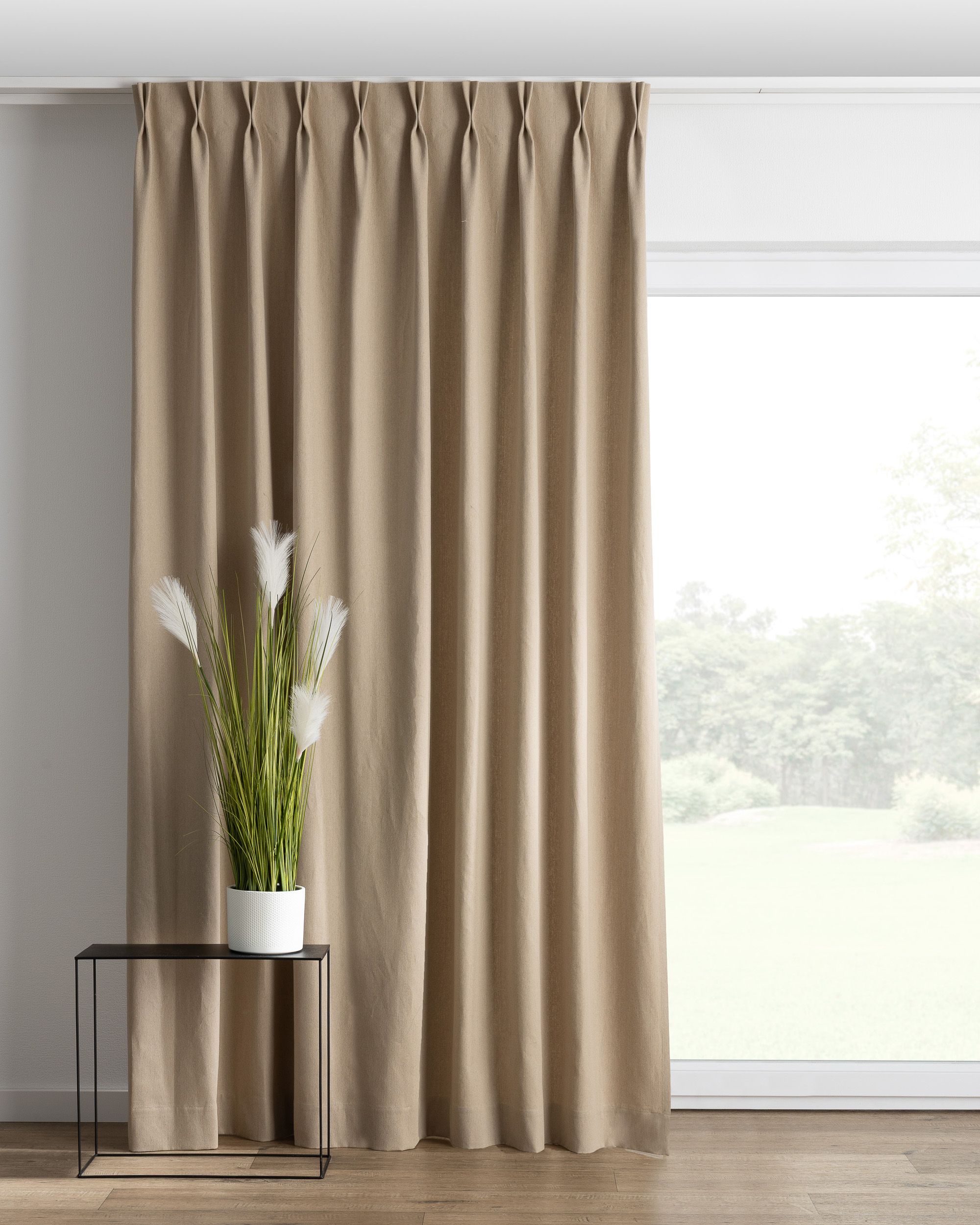 Double pinch pleat curtain colour beige fabric semi-sheer, structured, linen