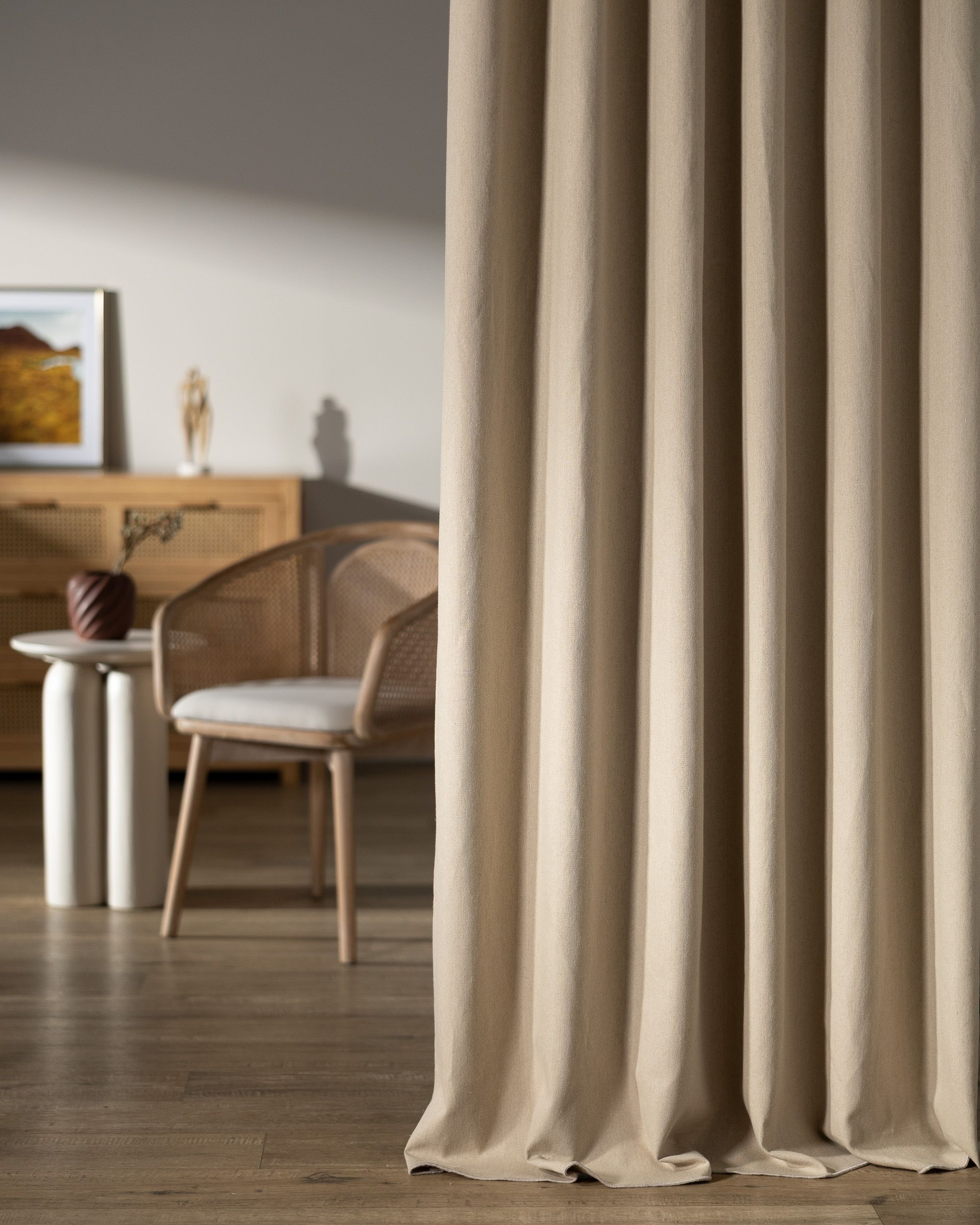 Double pinch pleat curtain colour beige fabric semi-sheer, structured, linen (hover)