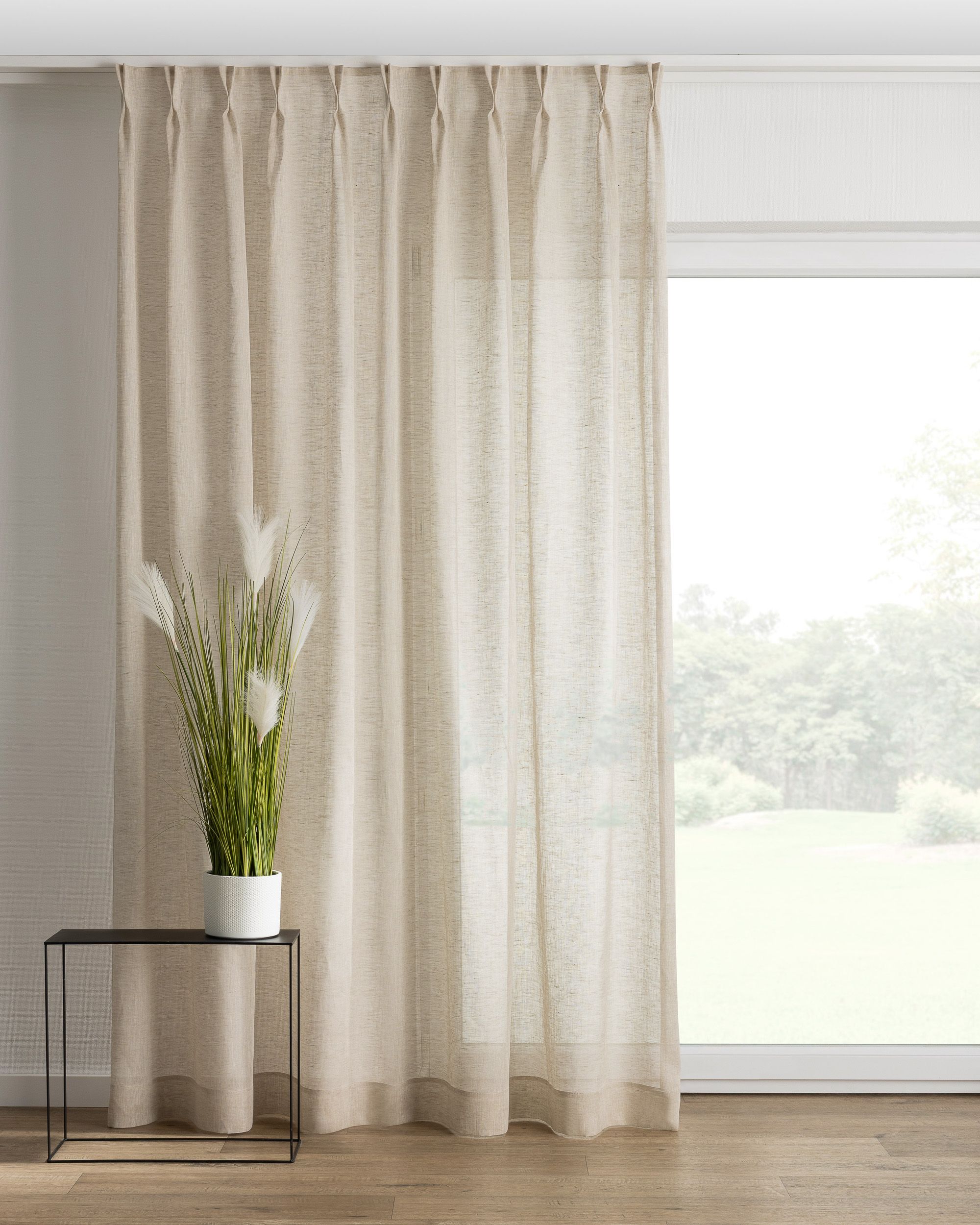 Double pinch pleat curtain colour beige fabric semi-sheer, structured, linen