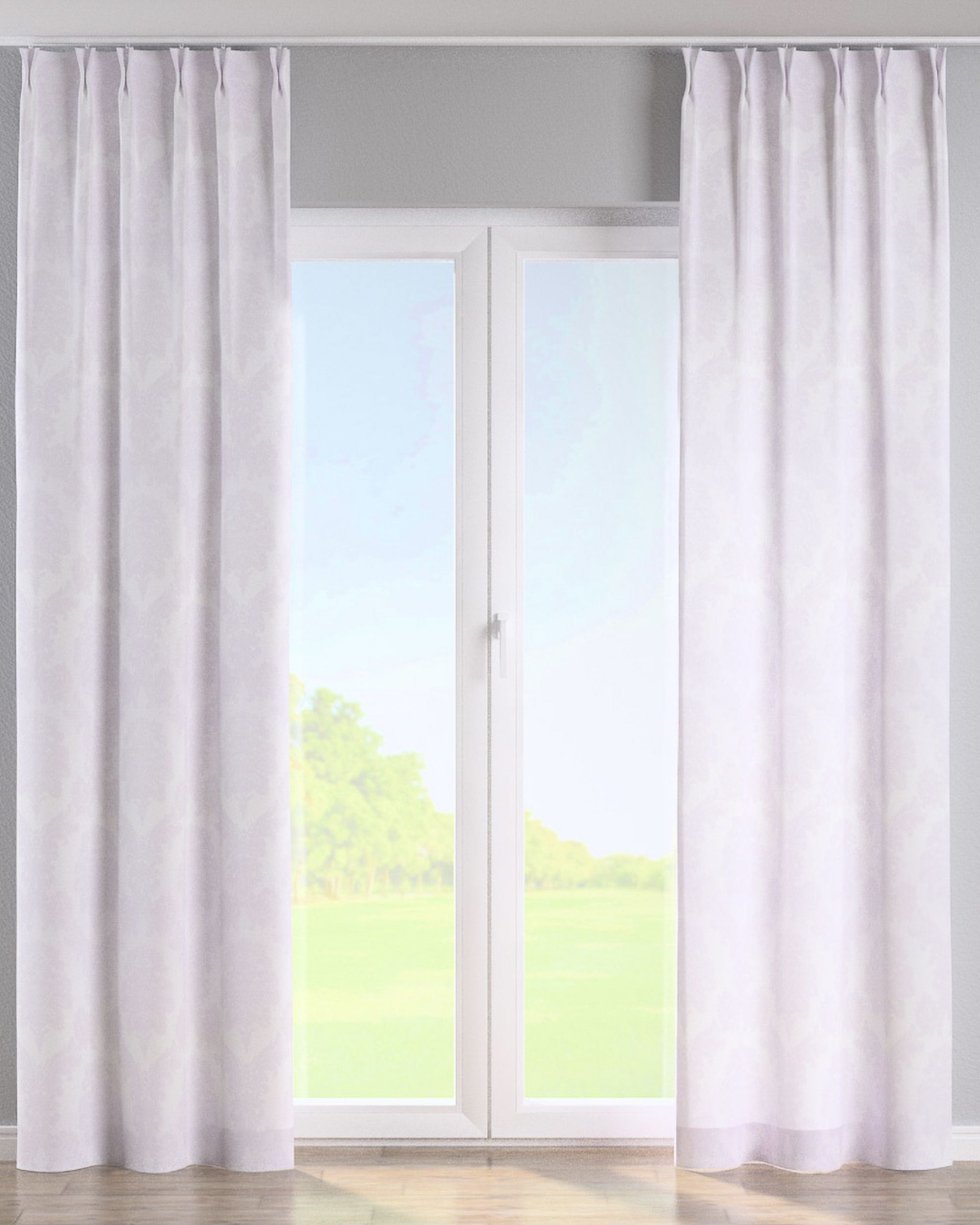 Double pinch pleat curtain colour white fabric gloss, structured, patterned