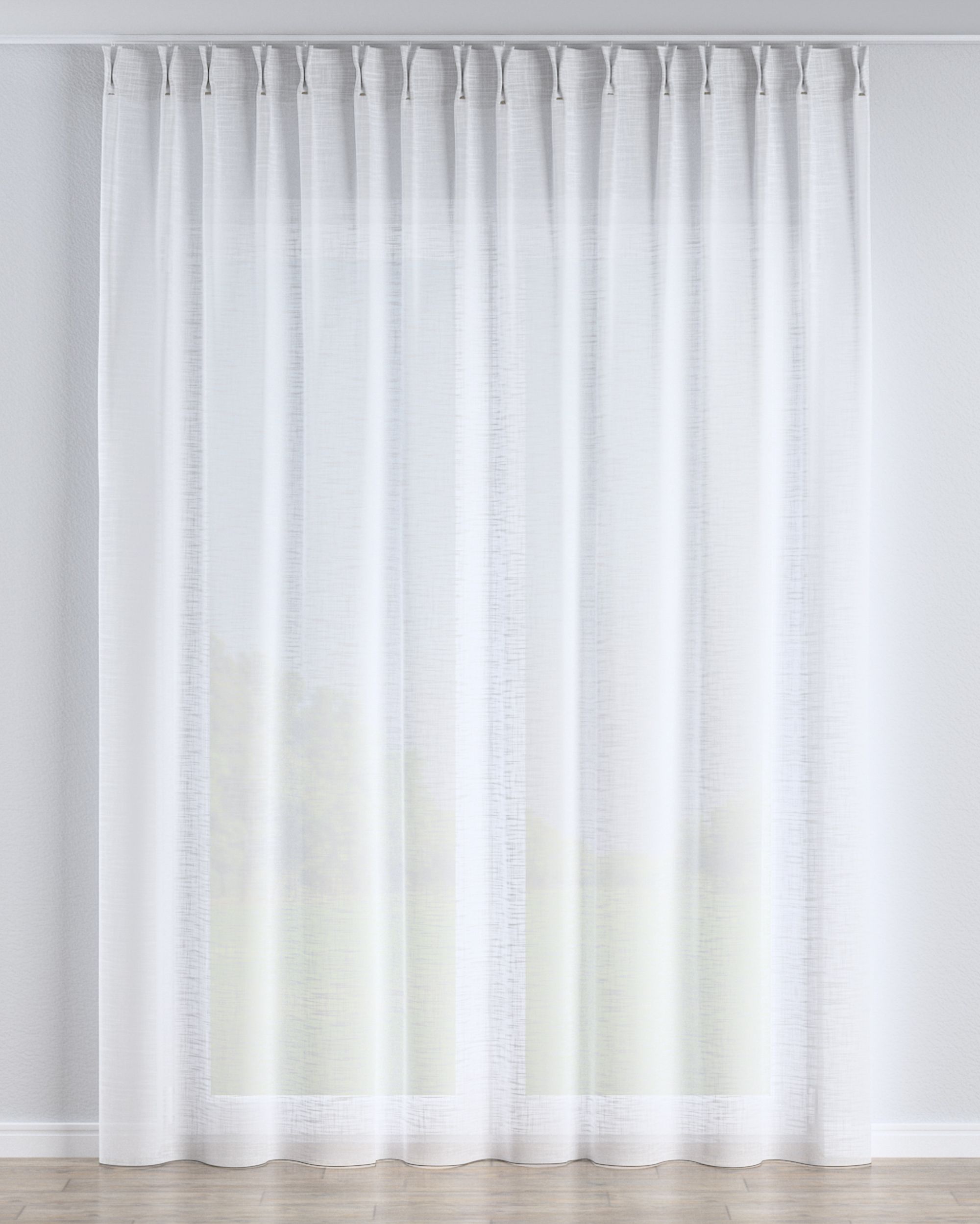 Net curtain with double pinch pleat colour white fabric semi-sheer, structured