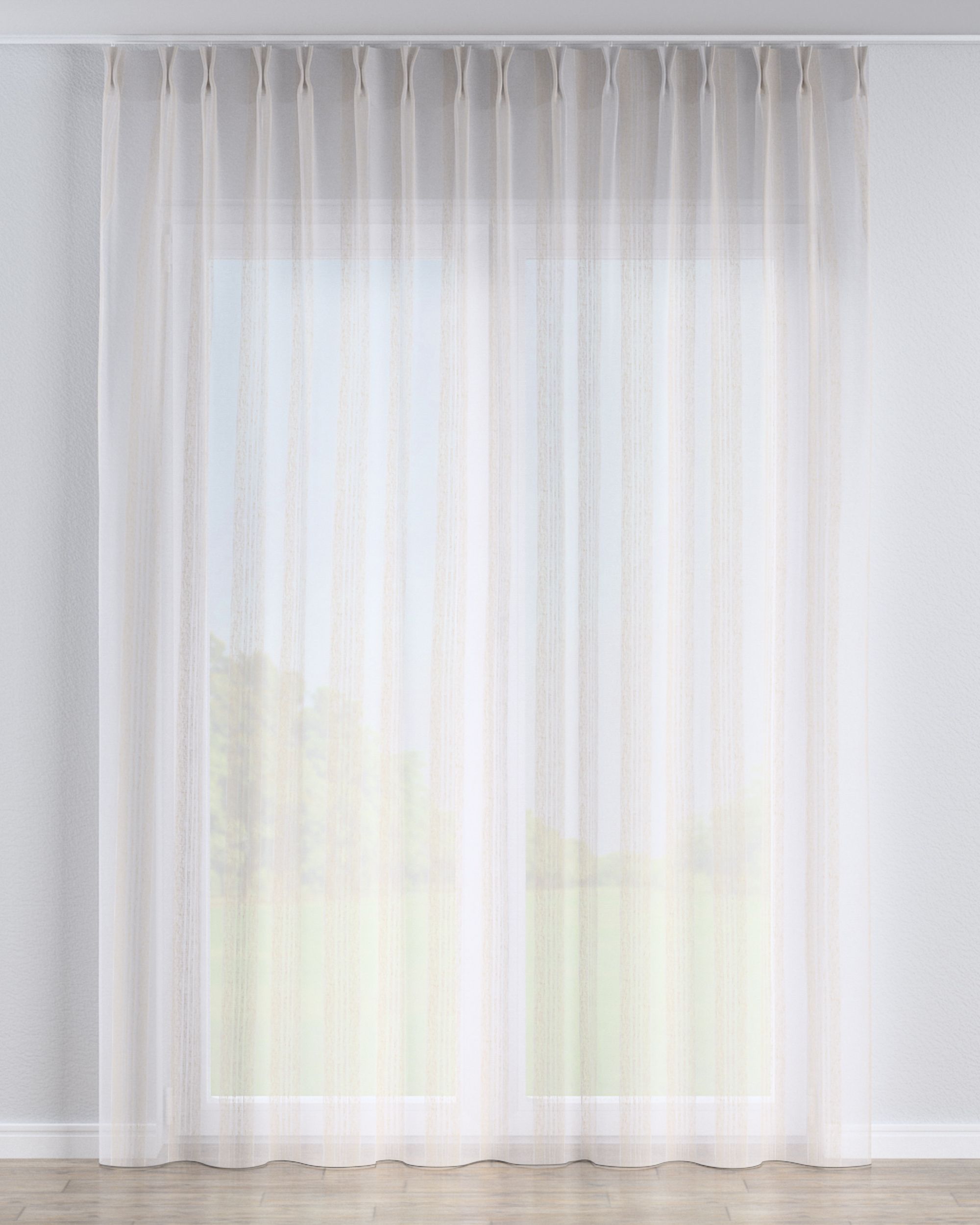 Net curtain with double pinch pleat colour cream fabric semi-sheer, structured, patterned