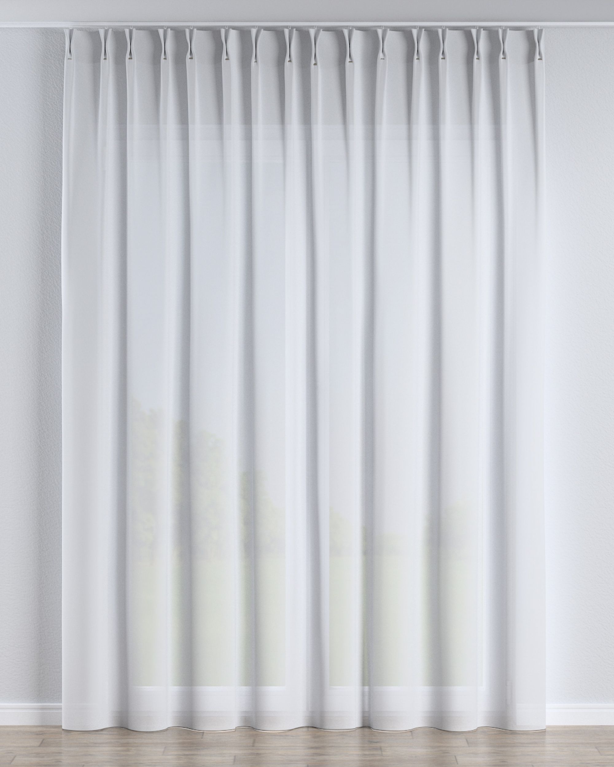 Net curtain with double pinch pleat colour white fabric semi-sheer, structured