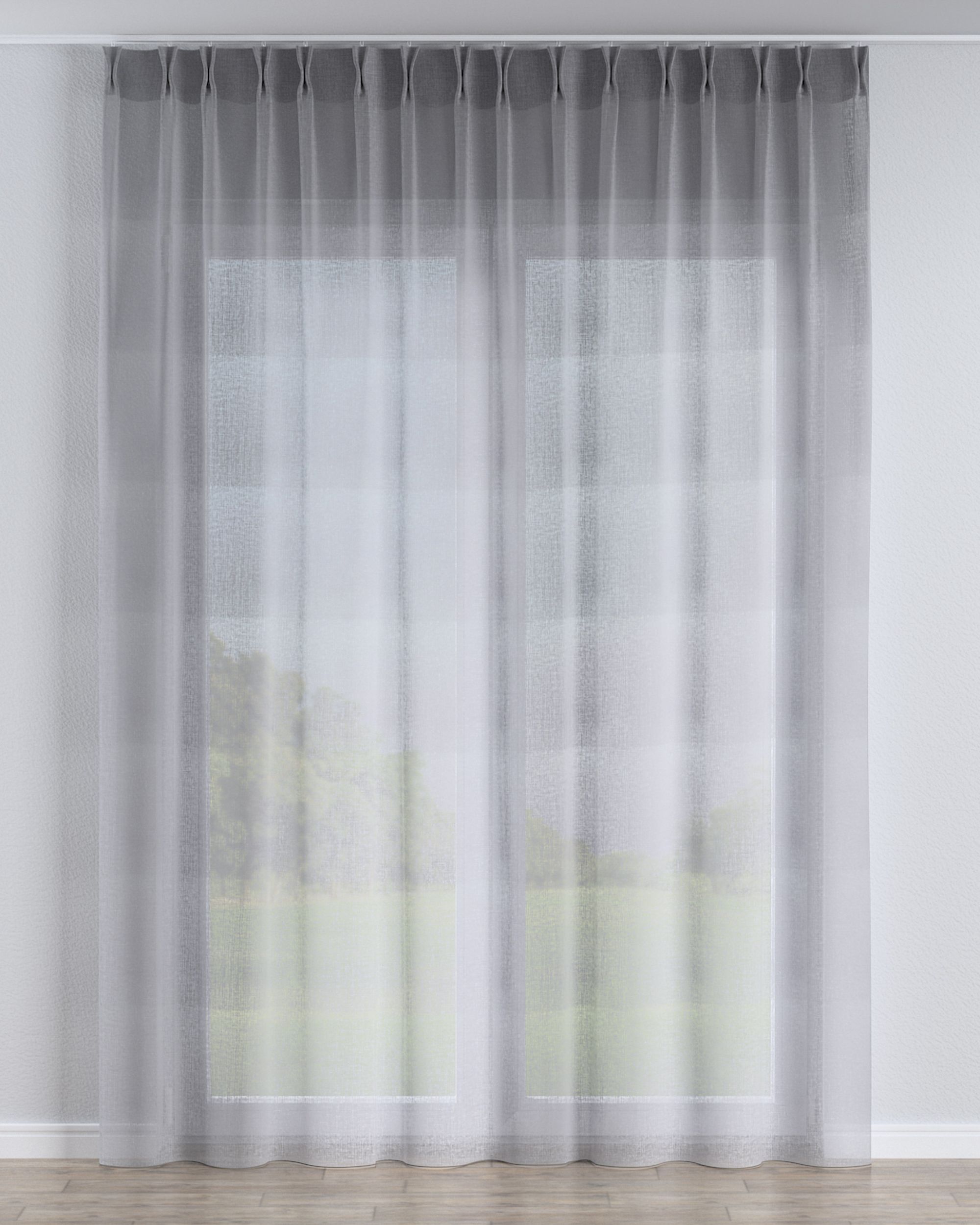 Net curtain with double pinch pleat colour grey fabric semi-sheer, structured