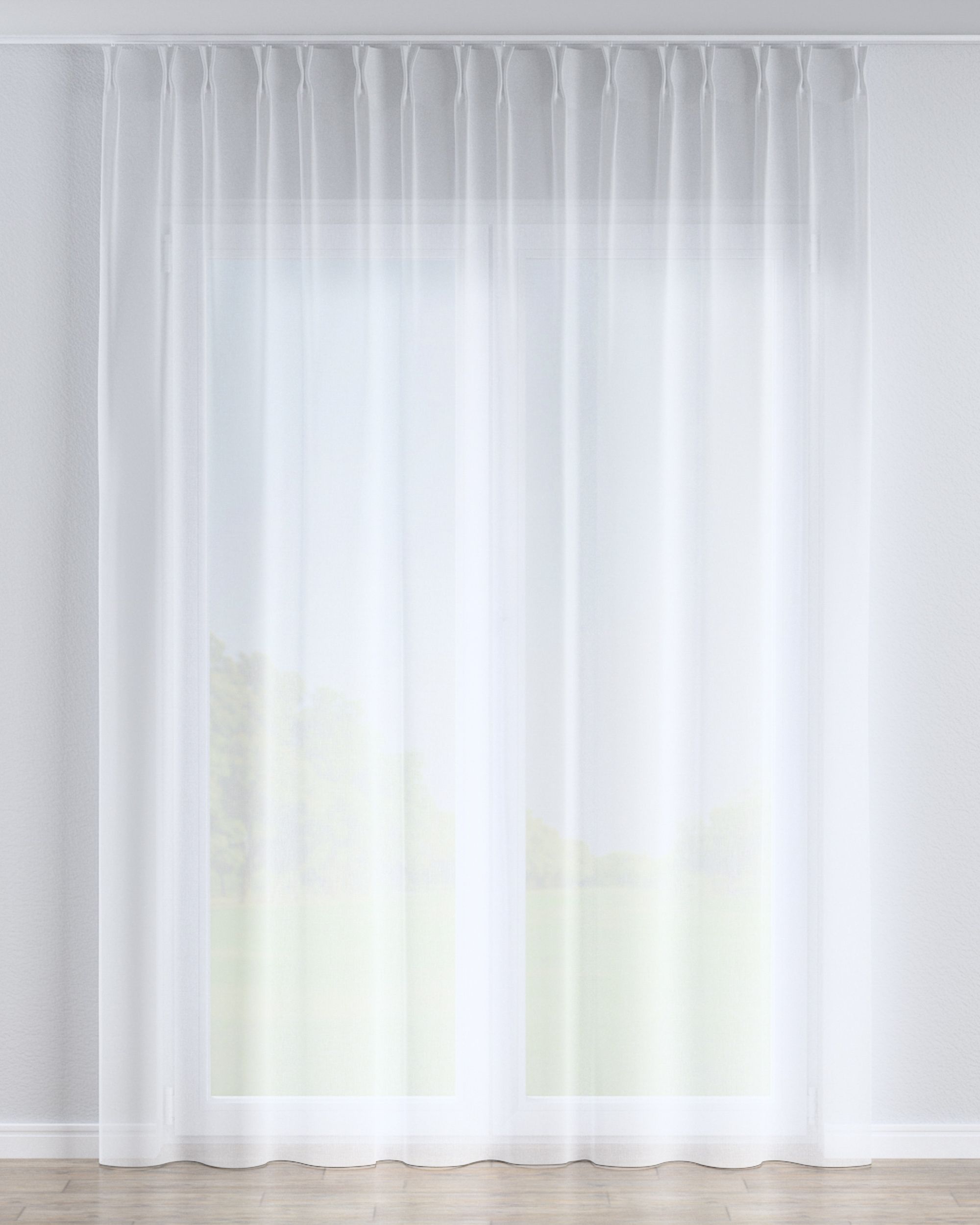 Net curtain with double pinch pleat colour white fabric semi-sheer, structured