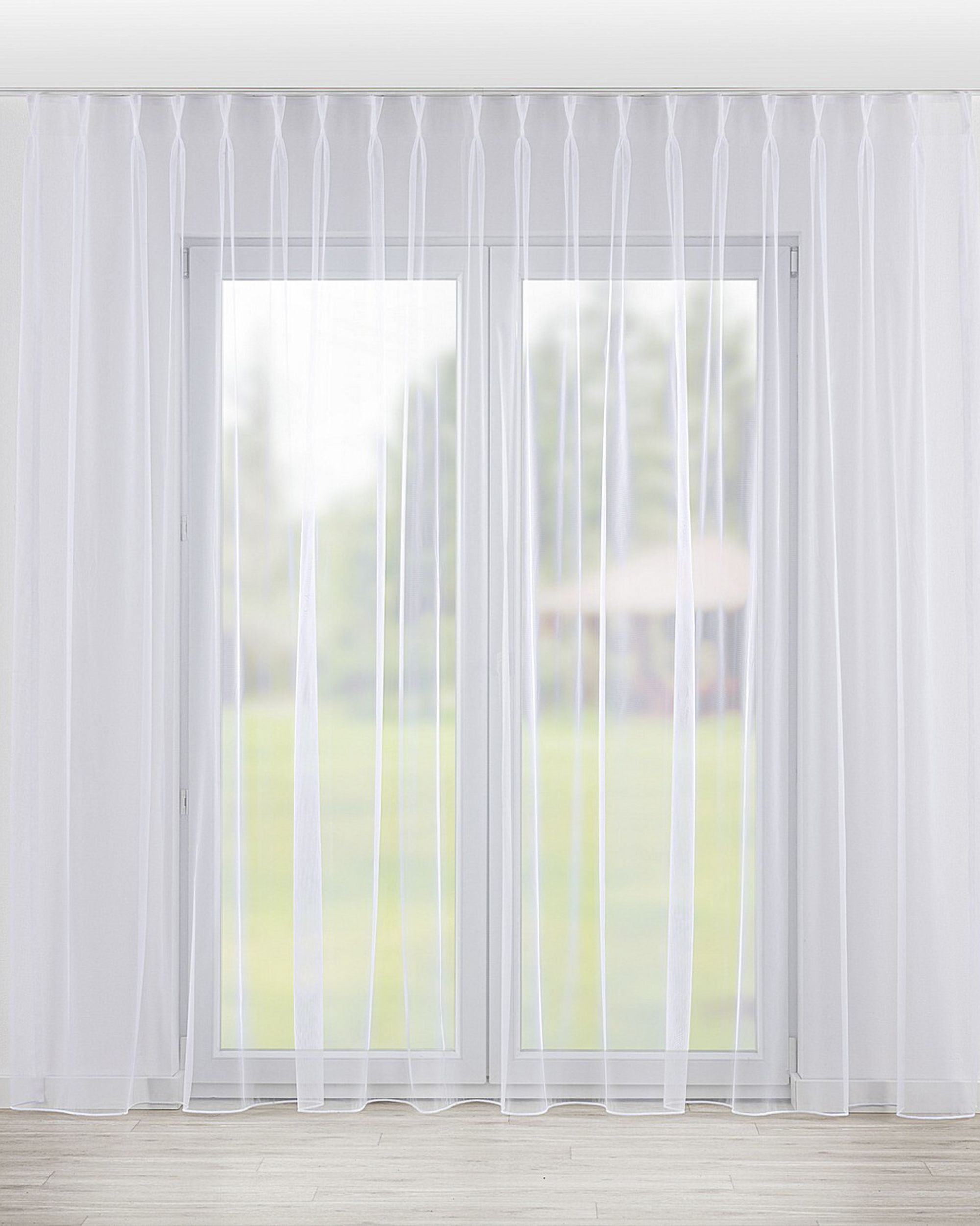 Net curtain with double pinch pleat colour white fabric semi-sheer