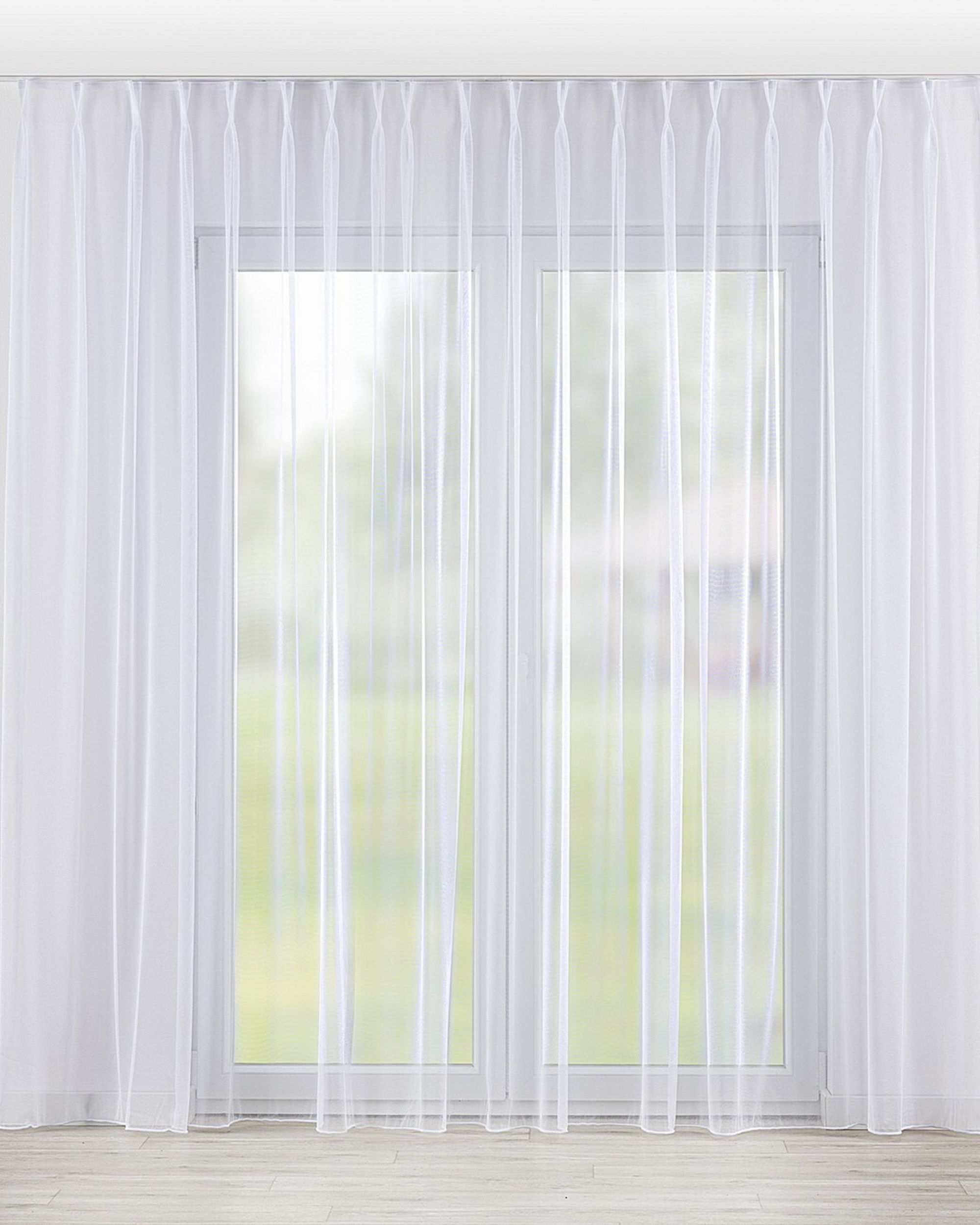 Net curtain with double pinch pleat colour white fabric semi-sheer, gloss, structured