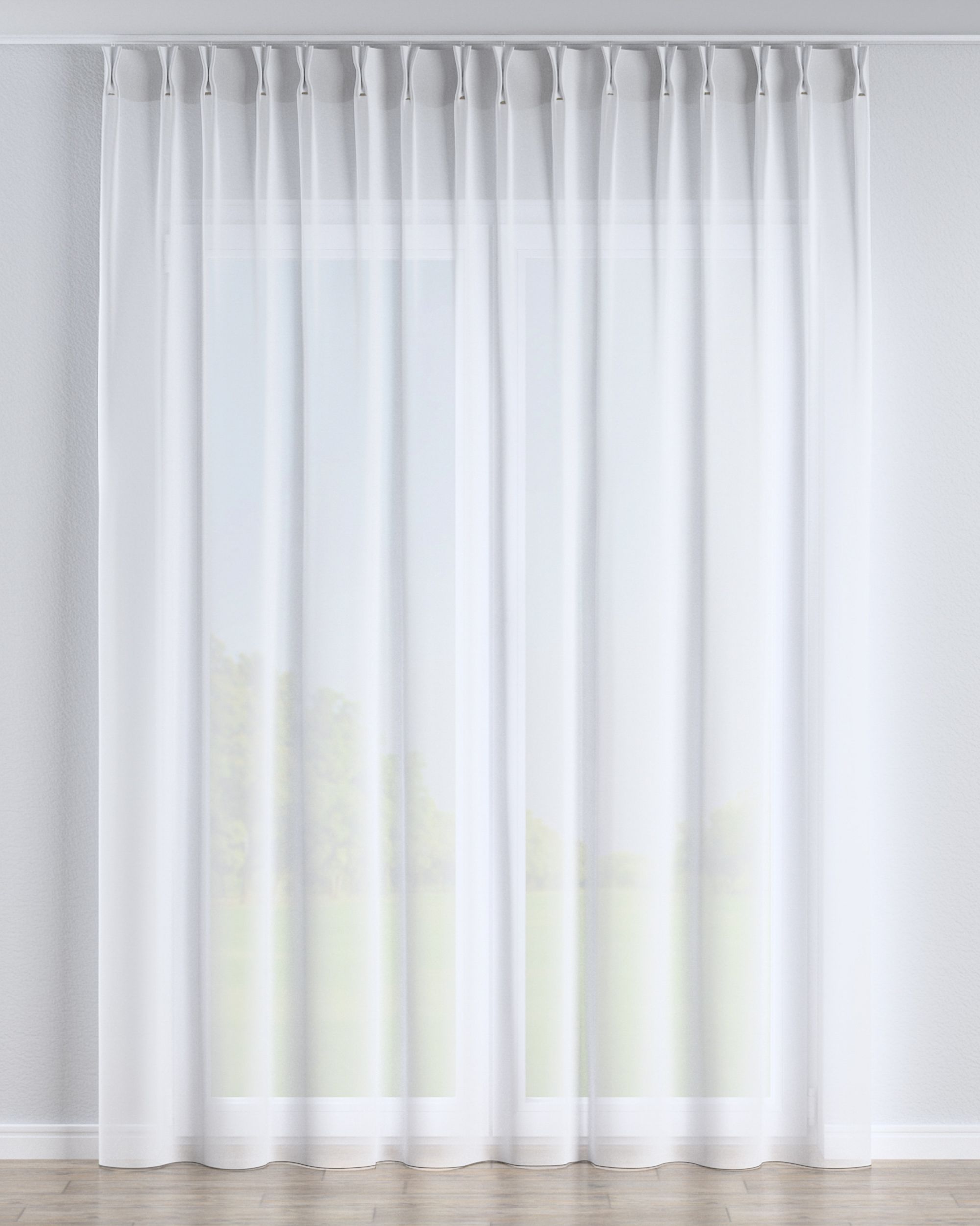 Net curtain with double pinch pleat colour white fabric semi-sheer, structured