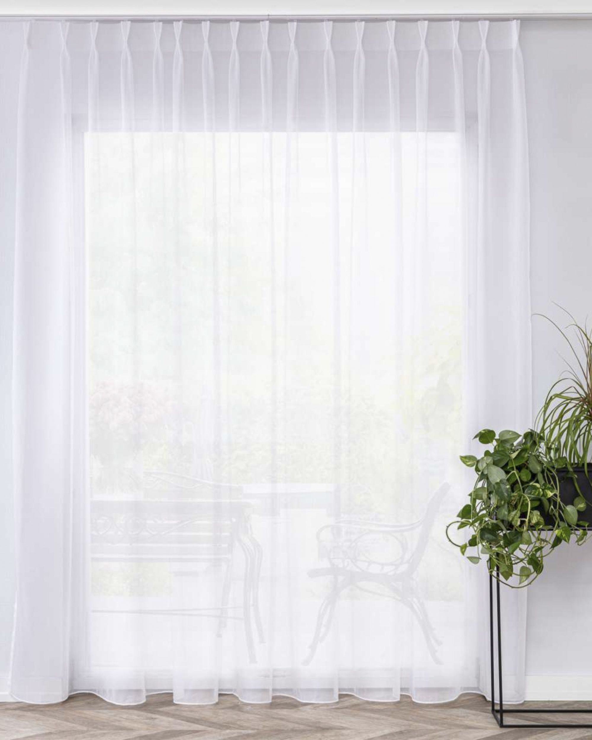 Net curtain with double pinch pleat colour cream fabric semi-sheer, structured