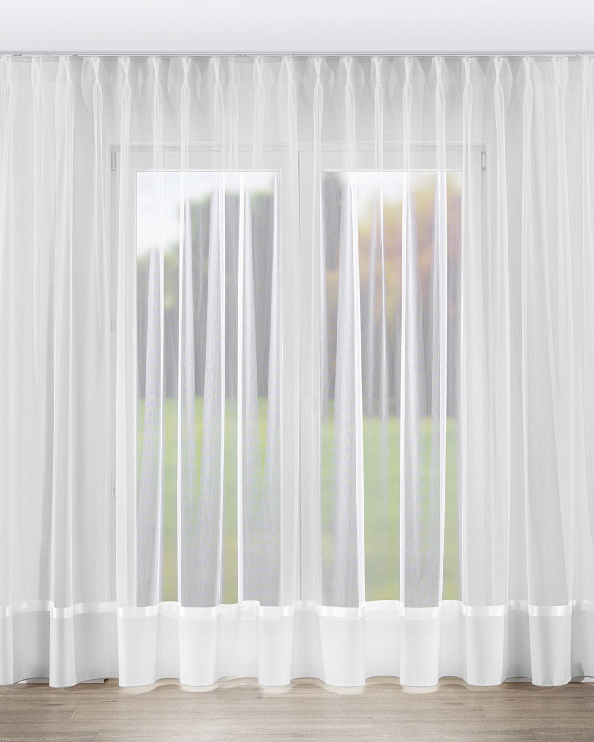 Net curtain with double pinch pleat colour white fabric semi-sheer