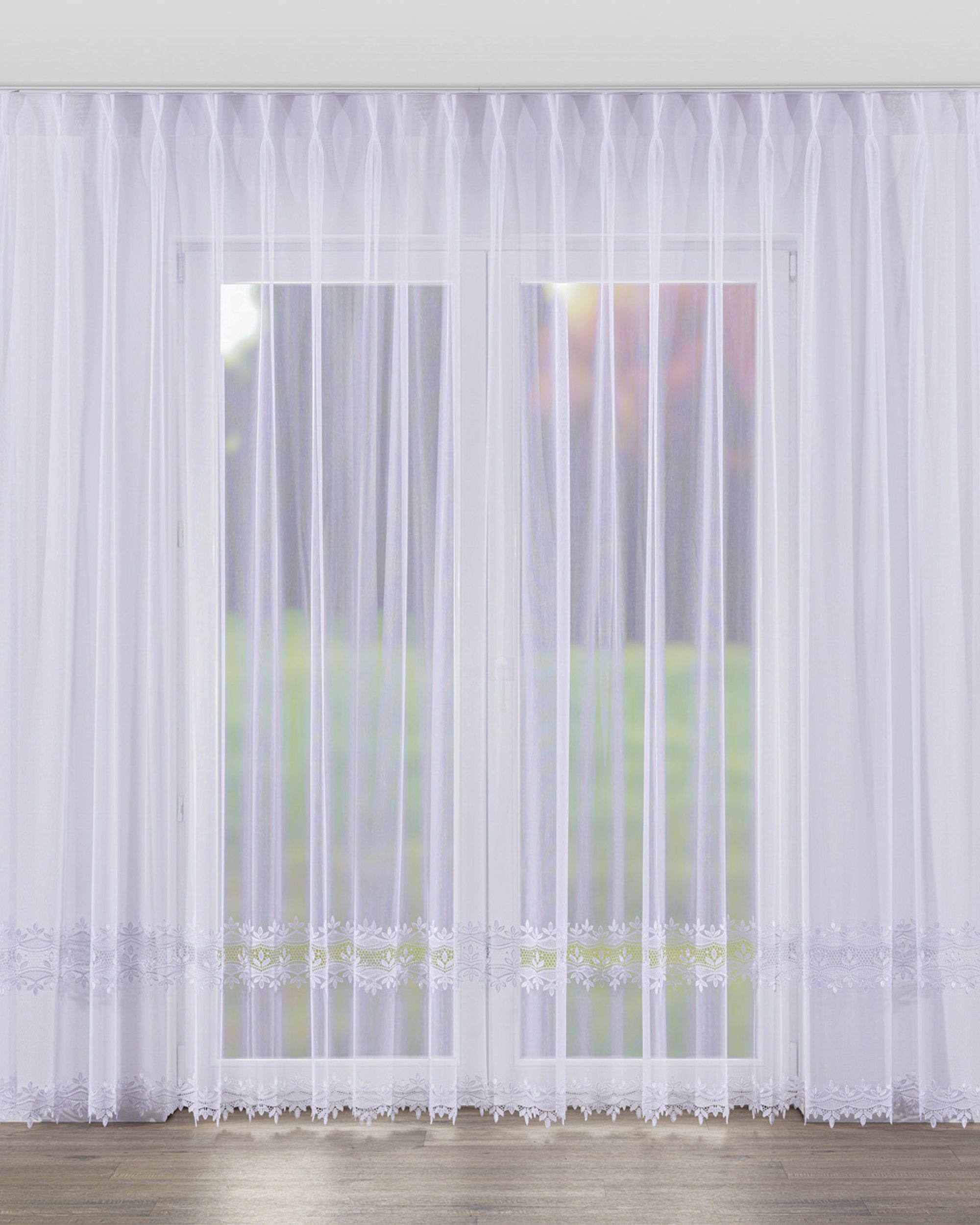 Net curtain with double pinch pleat colour white fabric semi-sheer, structured, patterned