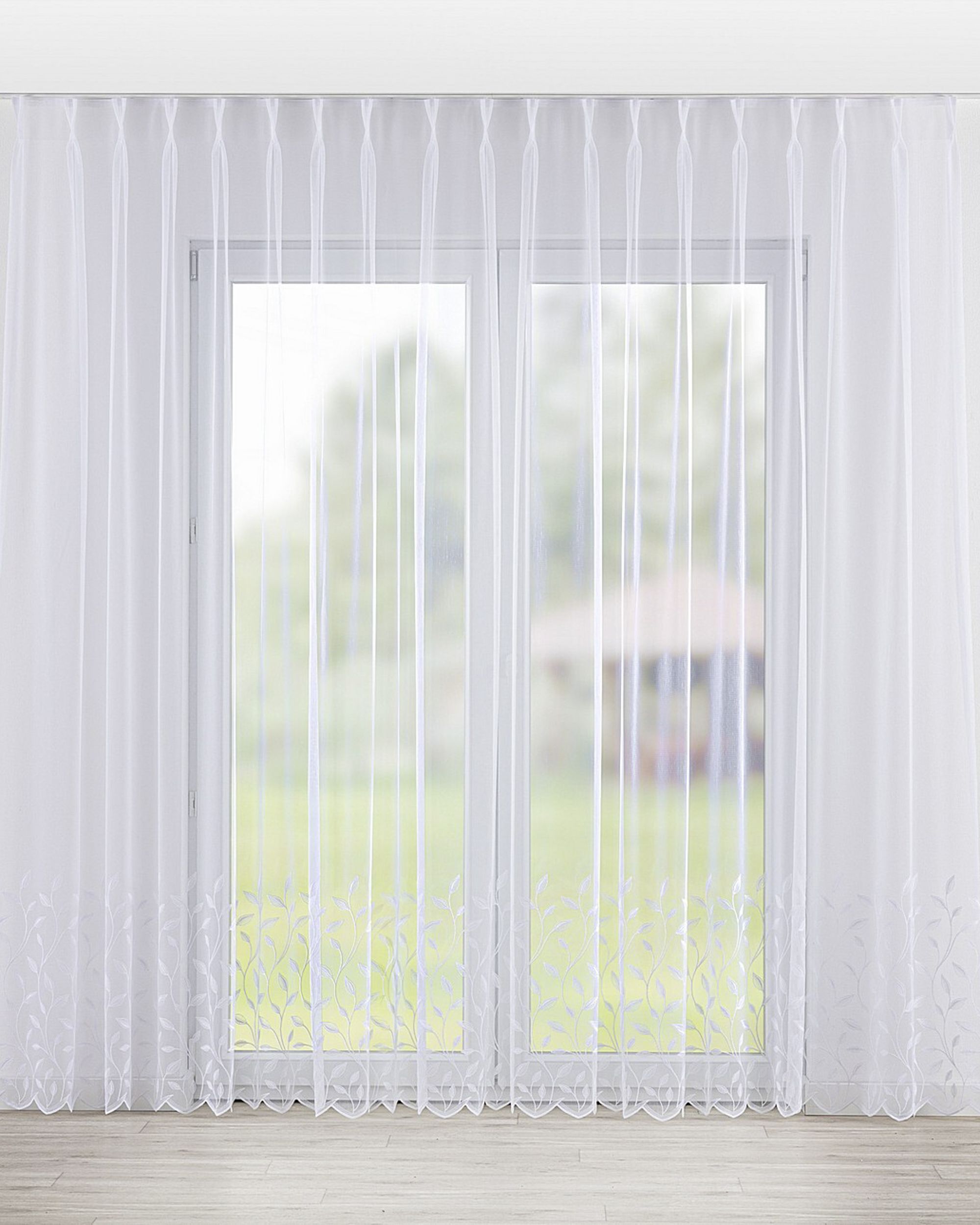 Net curtain with double pinch pleat colour white fabric semi-sheer, structured, patterned