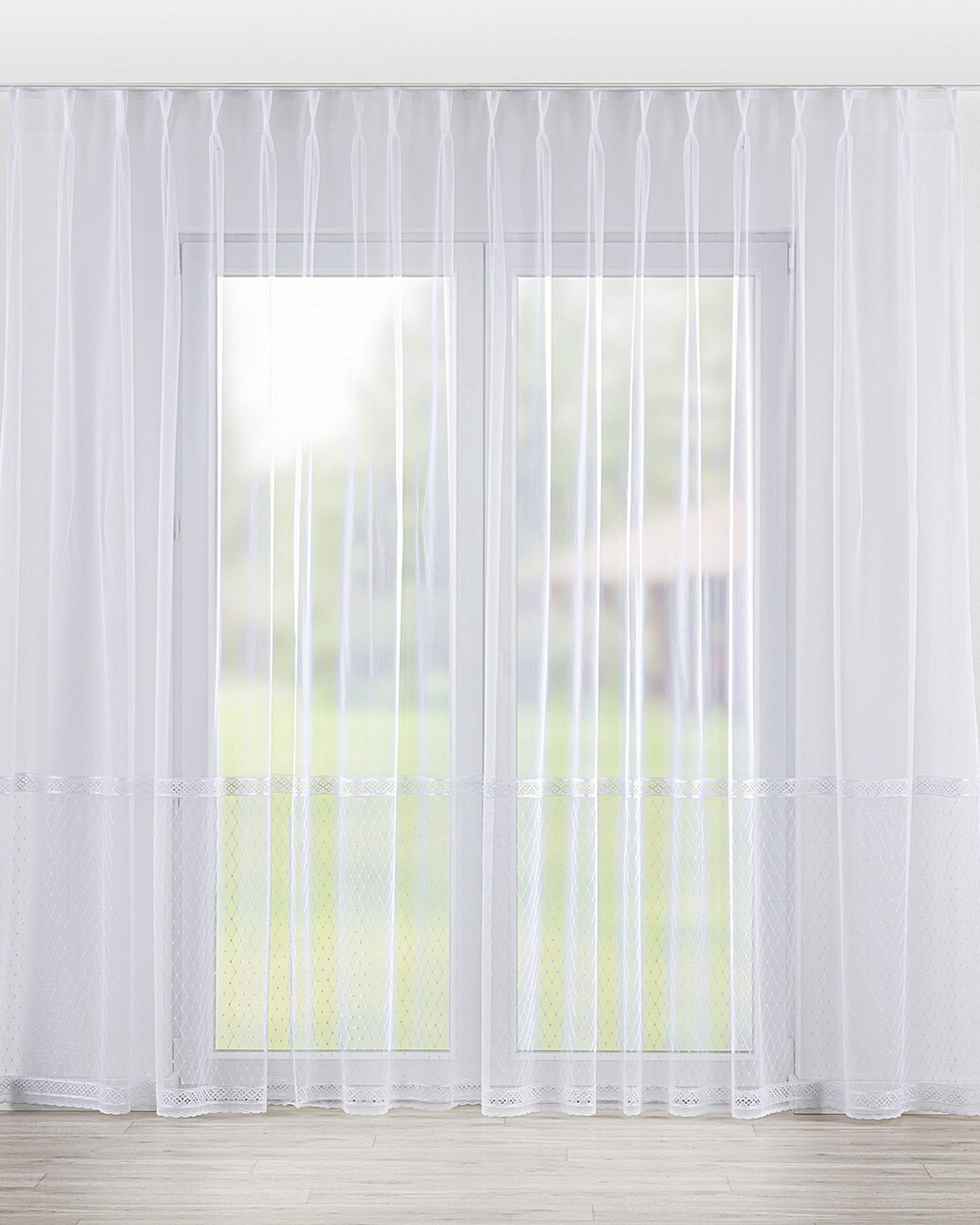Net curtain with double pinch pleat colour white fabric semi-sheer, structured, patterned