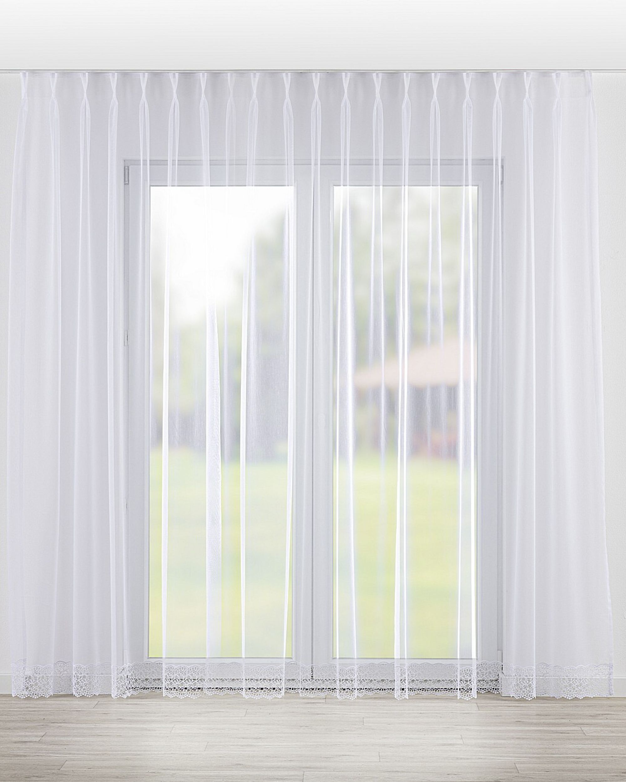 Net curtain with double pinch pleat colour white fabric semi-sheer, structured, patterned