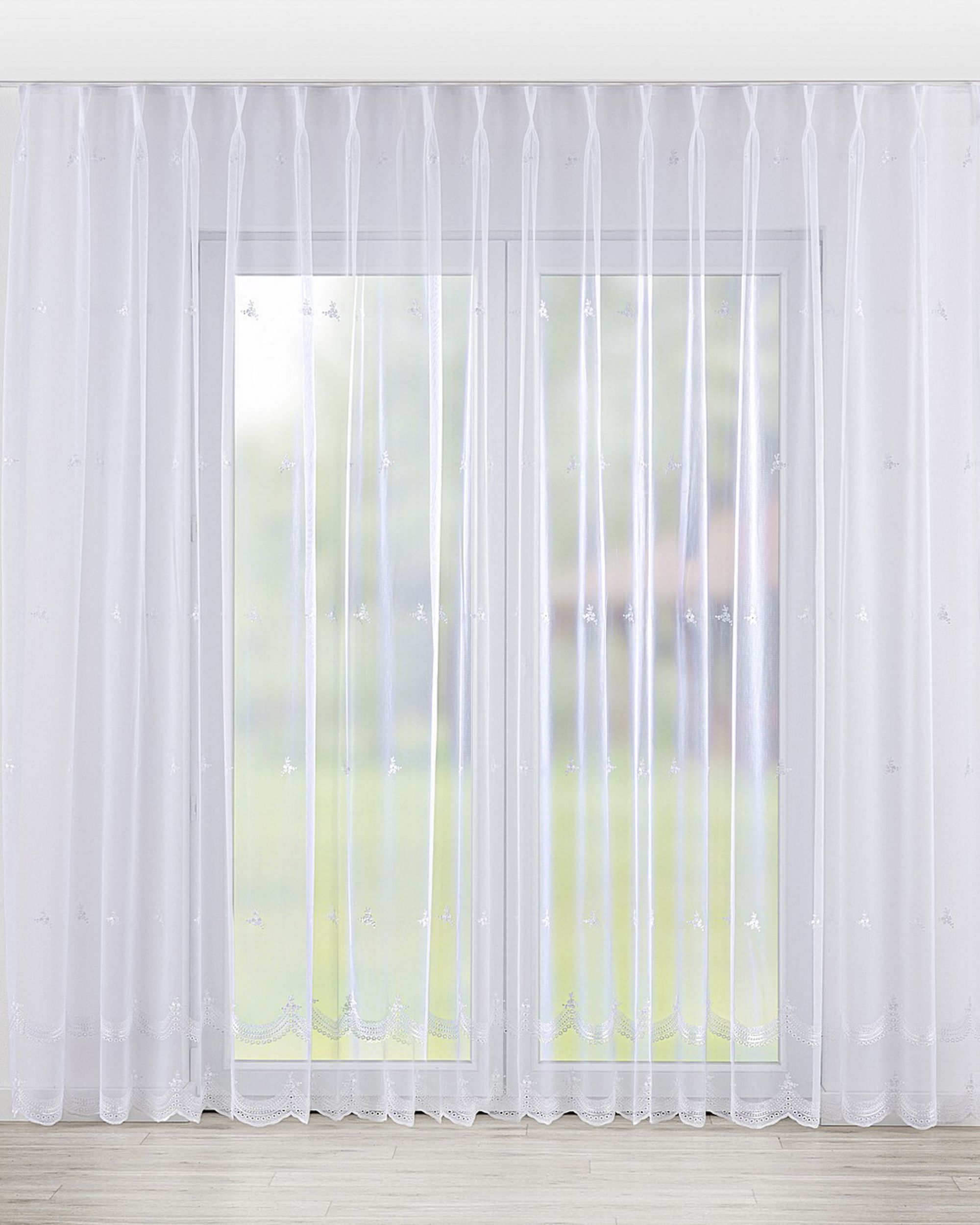 Net curtain with double pinch pleat colour white fabric semi-sheer, structured, patterned