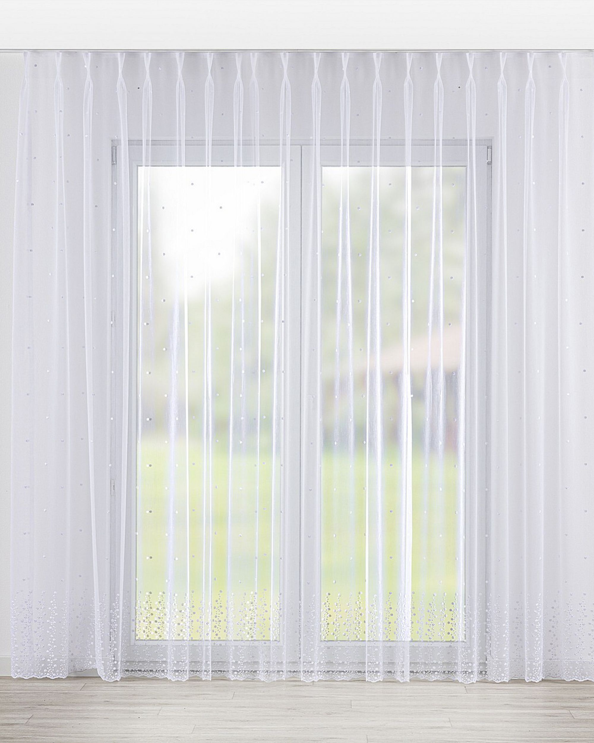 Net curtain with double pinch pleat colour white fabric semi-sheer, structured, patterned