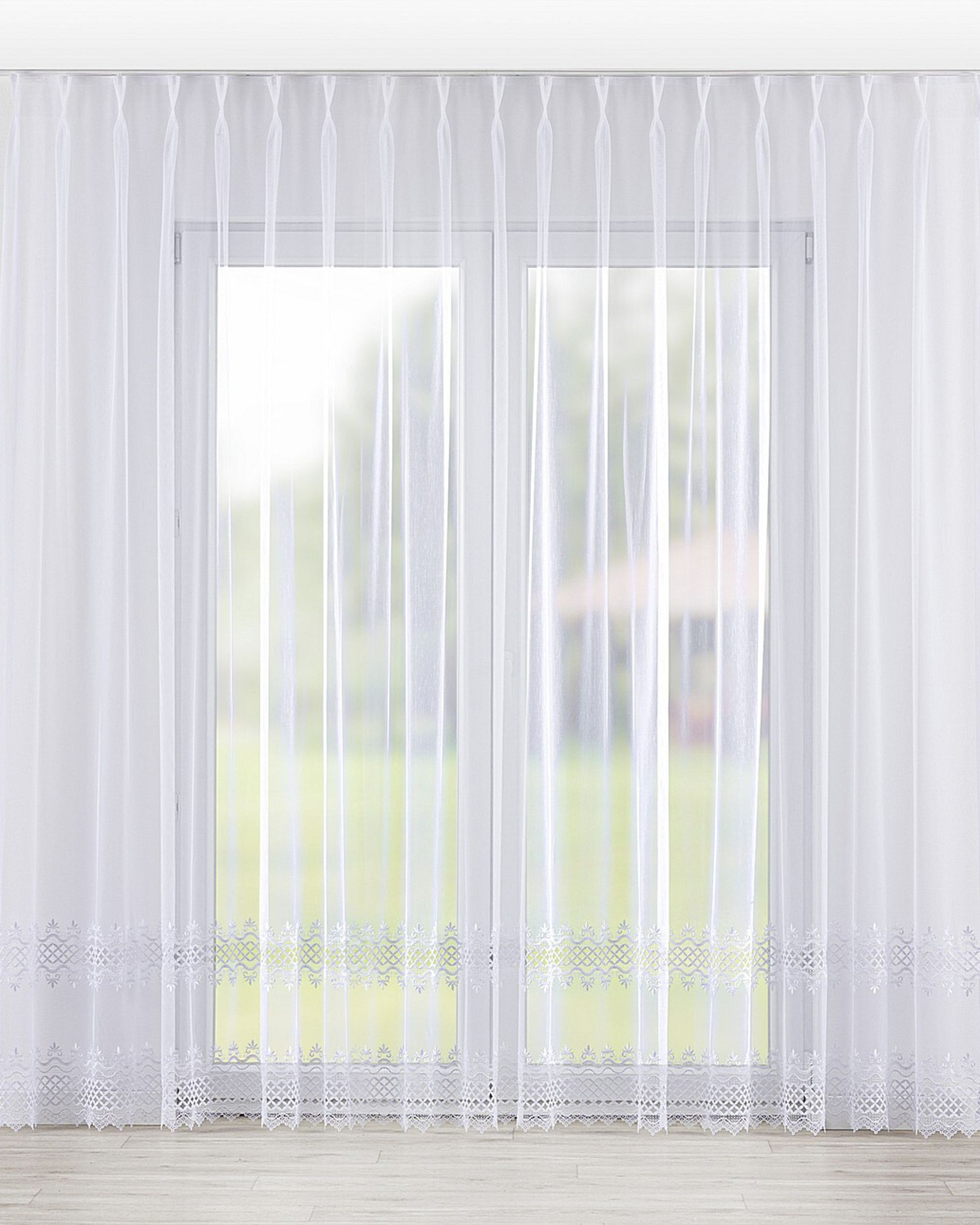 Net curtain with double pinch pleat colour white fabric semi-sheer, structured, patterned