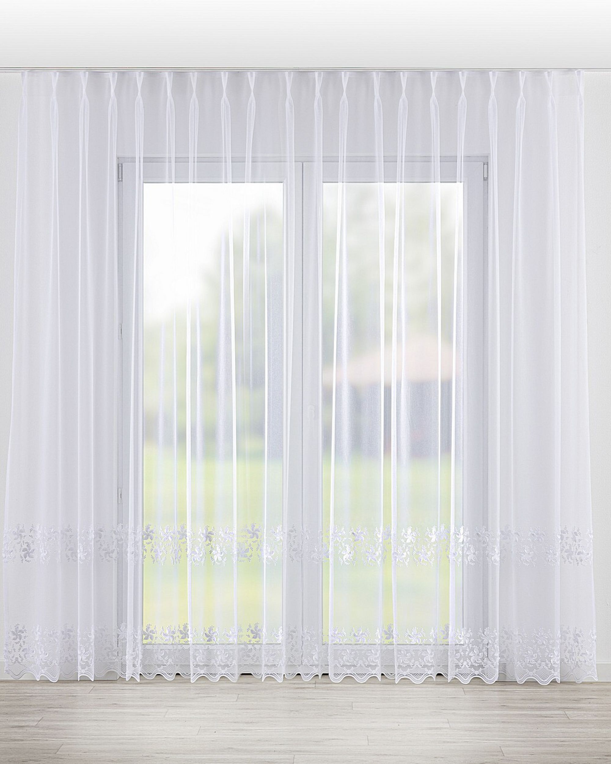 Net curtain with double pinch pleat colour white fabric semi-sheer, structured, patterned