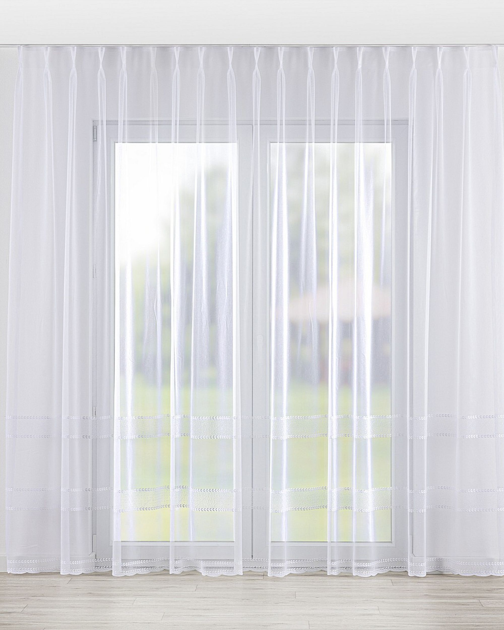 Net curtain with double pinch pleat colour white fabric semi-sheer, structured, patterned