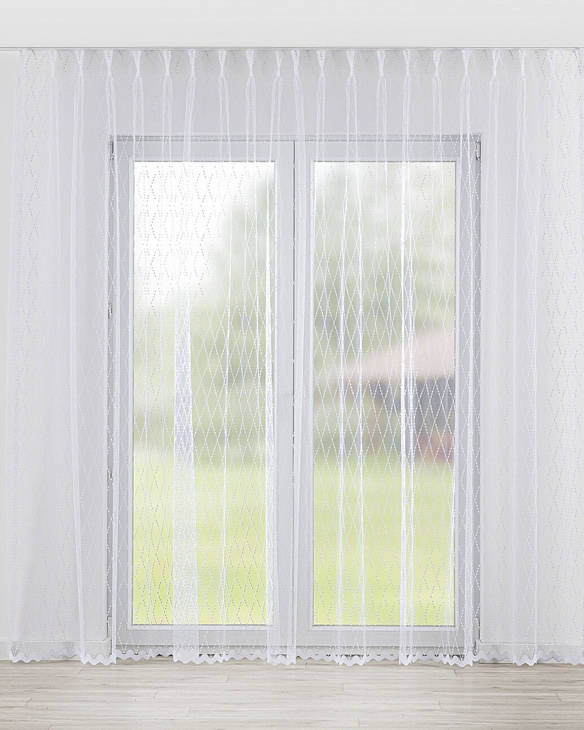 Net curtain with double pinch pleat colour white fabric semi-sheer, structured, patterned
