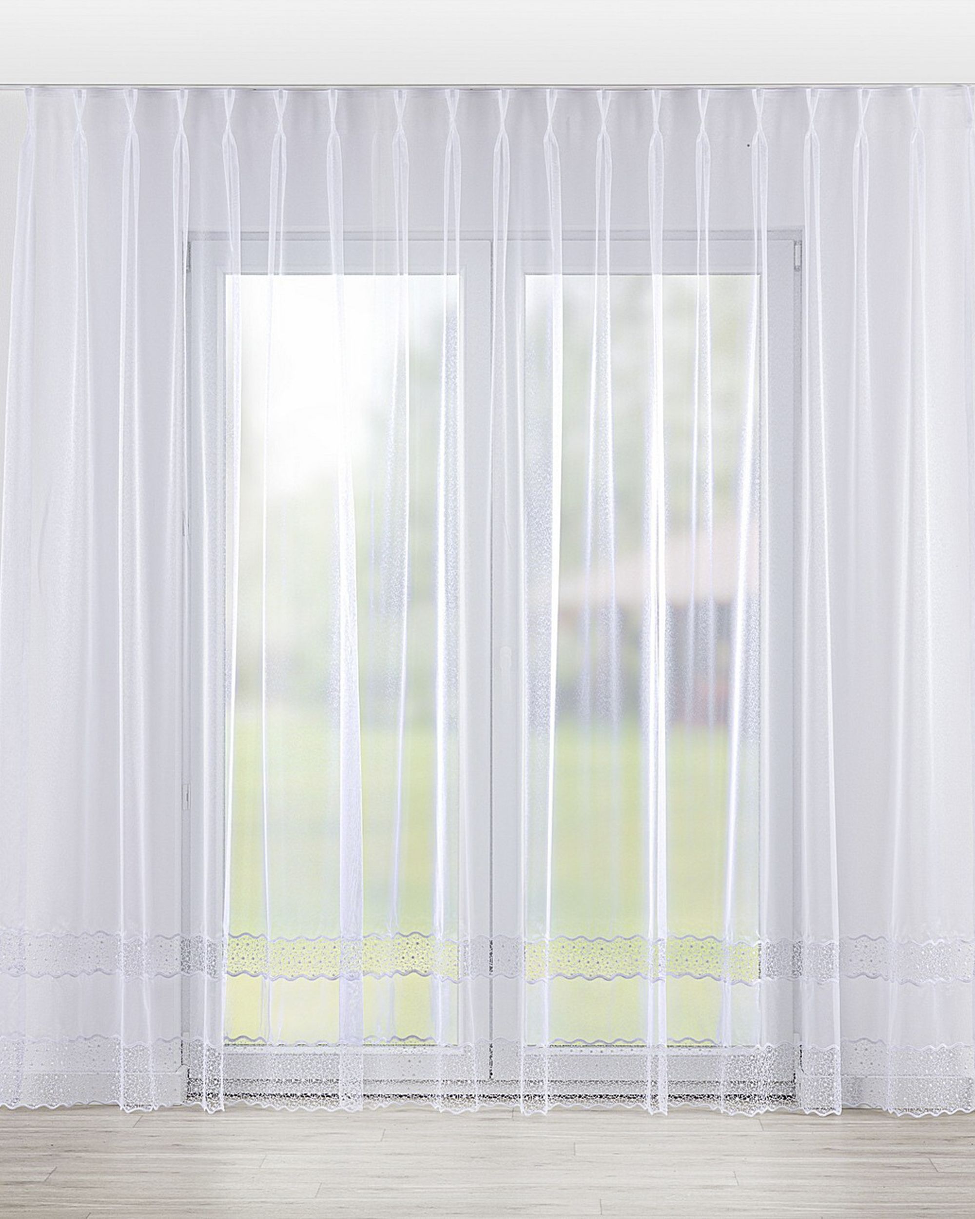 Net curtain with double pinch pleat colour white fabric semi-sheer, structured, patterned