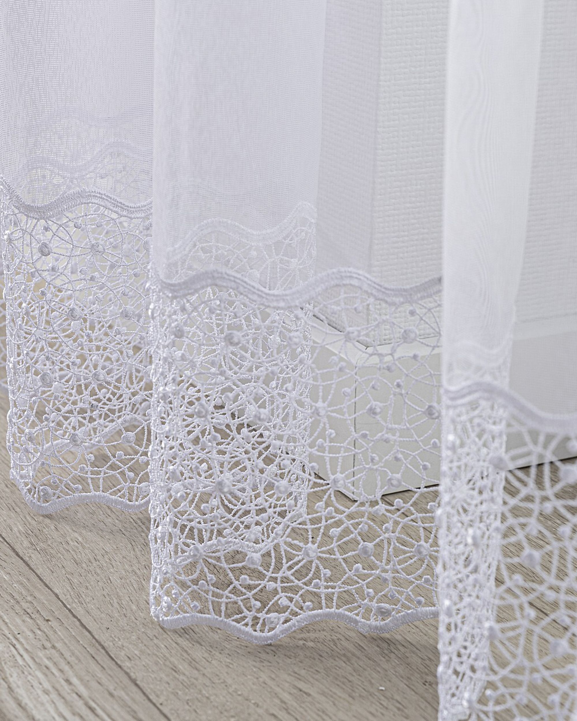 Net curtain with double pinch pleat colour white fabric semi-sheer, structured, patterned (hover)