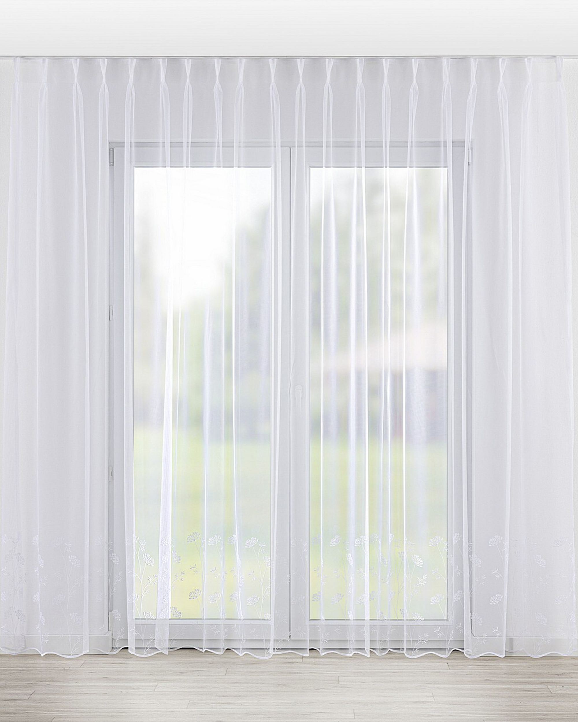 Net curtain with double pinch pleat colour white fabric semi-sheer, structured, patterned