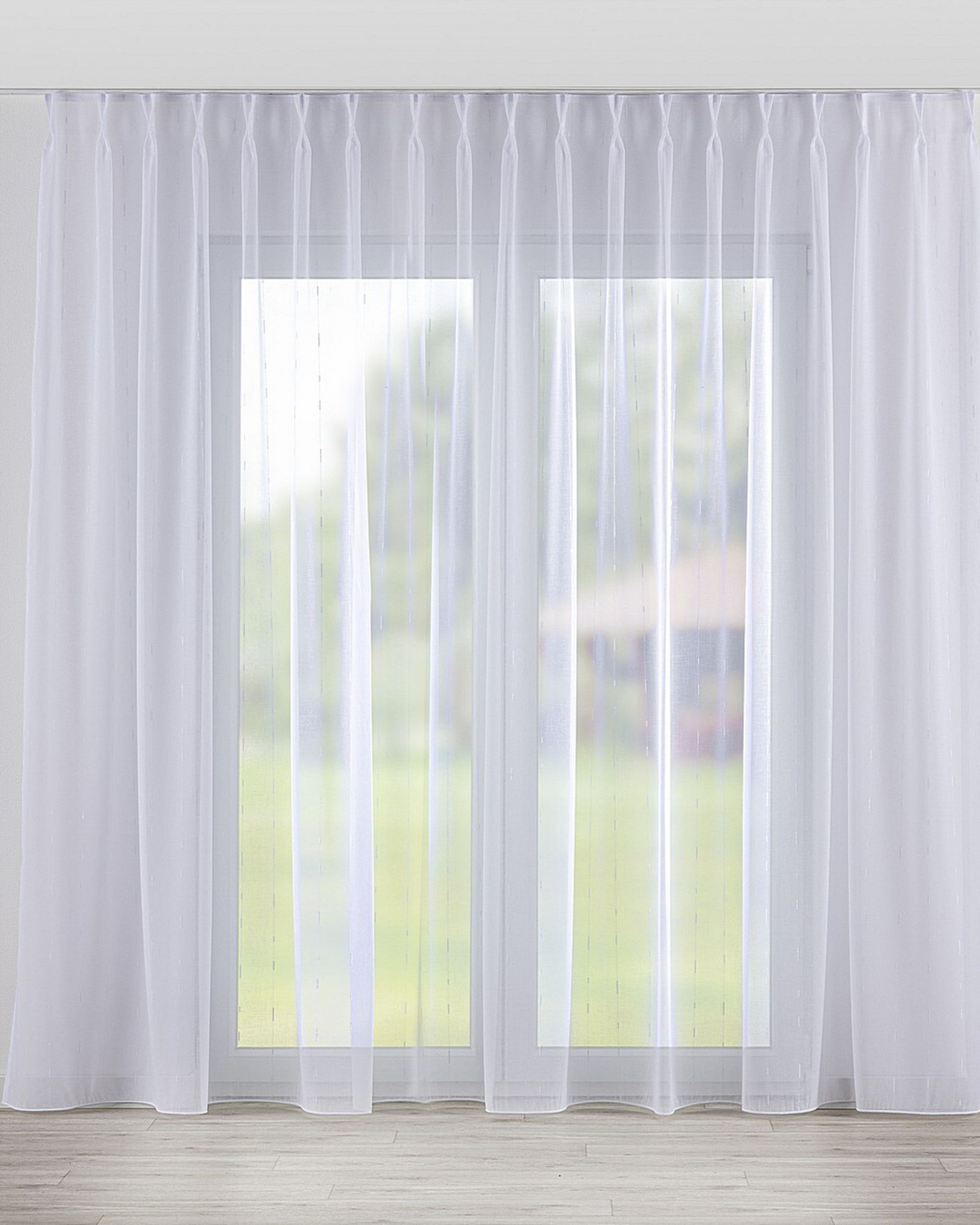 Net curtain with double pinch pleat colour white fabric semi-sheer, structured, patterned