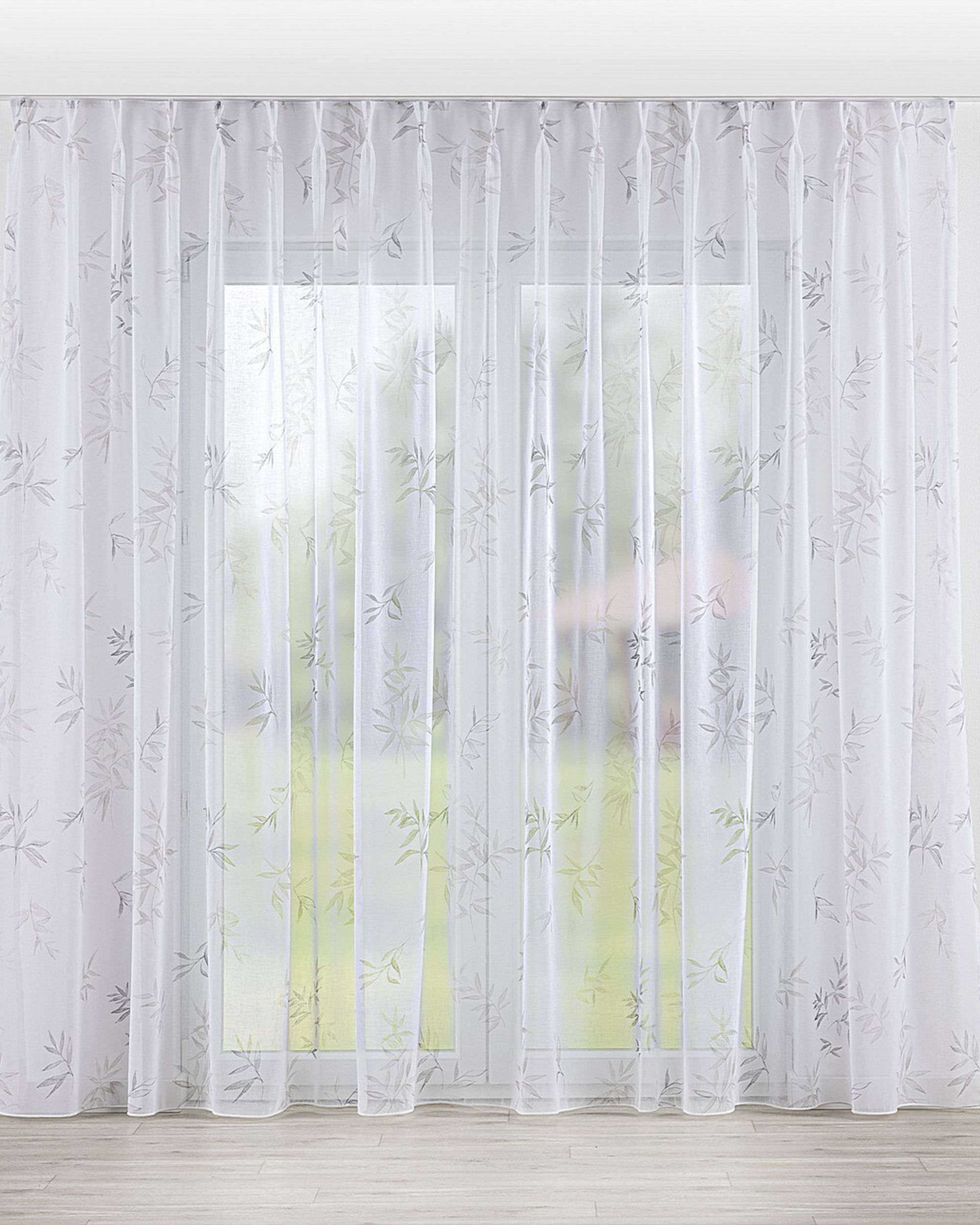 Net curtain with double pinch pleat colour white fabric semi-sheer, patterned