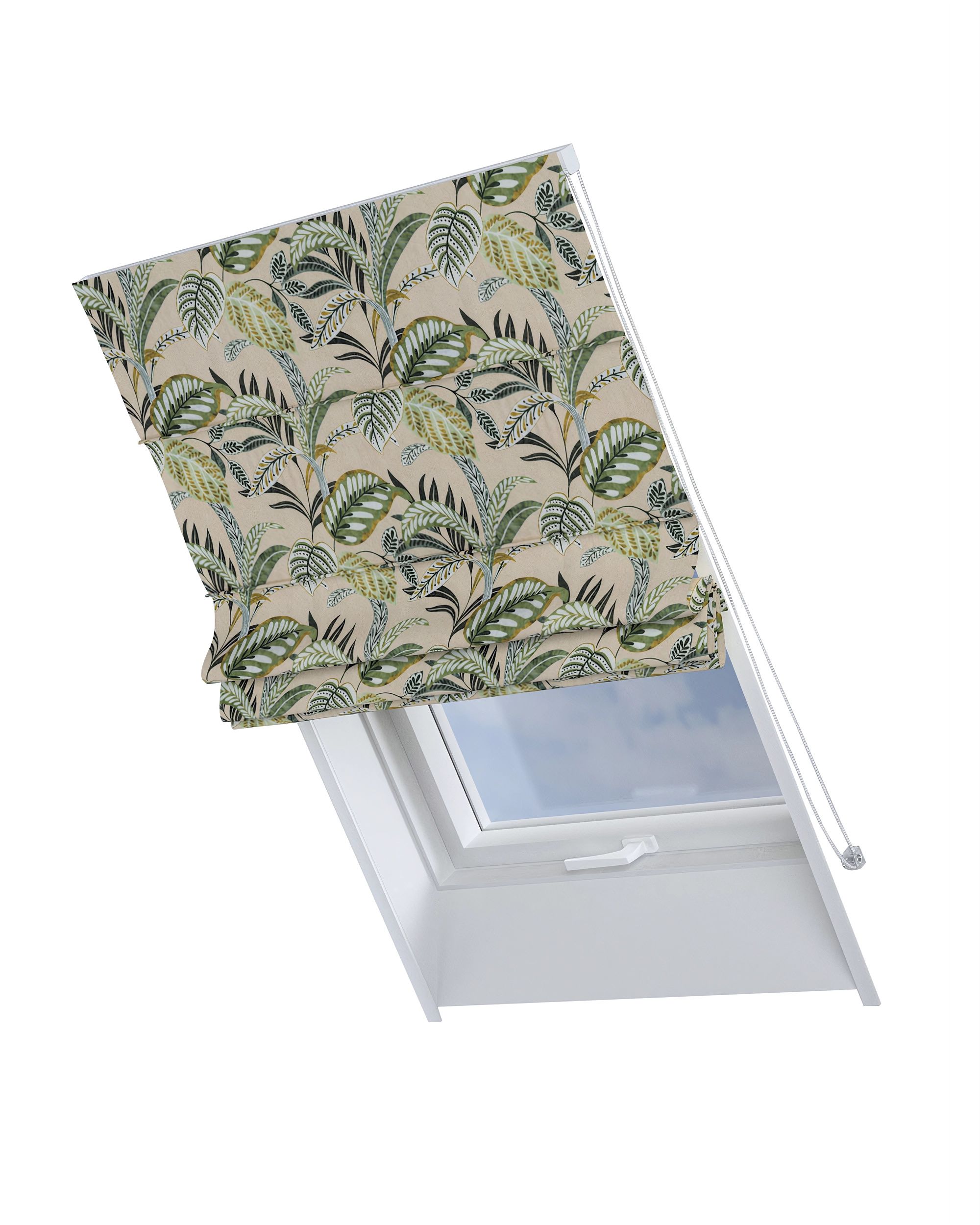 Roman blind for roof window Rimini colour green fabric patterned