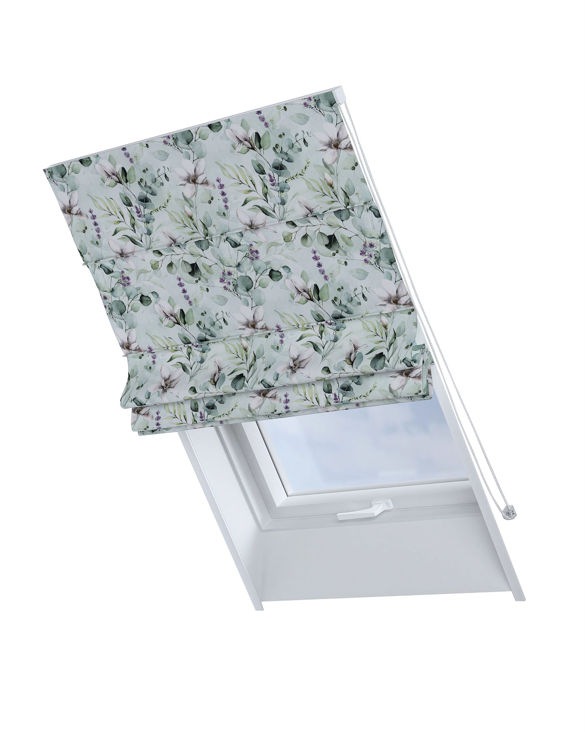 Roman blind for roof window Rimini colour green fabric patterned