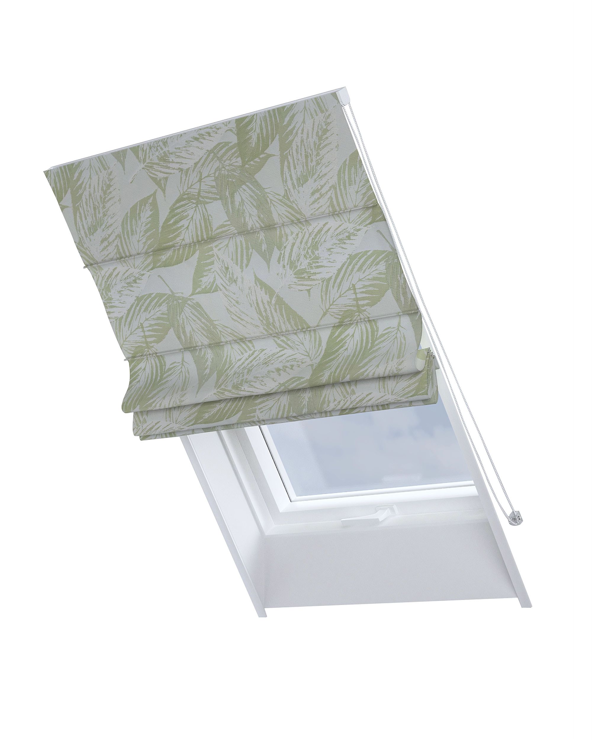 Roman blind for roof window Rimini colour green fabric gloss, structured, patterned
