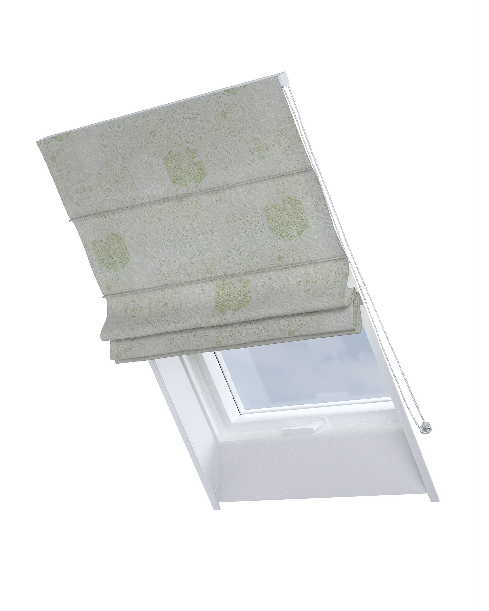 Roman blind for roof window Rimini colour green fabric gloss, structured, patterned