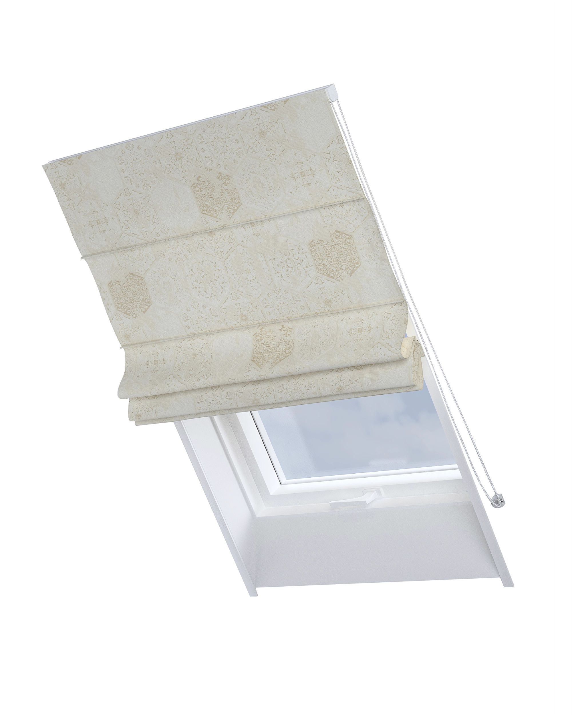 Roman blind for roof window Rimini colour cream fabric gloss, structured, patterned