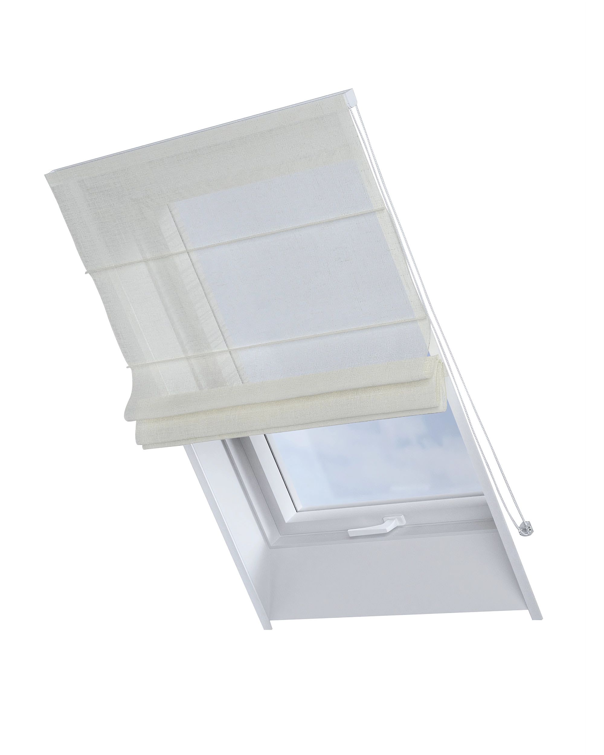 Roman blind for roof window Rimini colour white fabric semi-sheer, gloss, structured