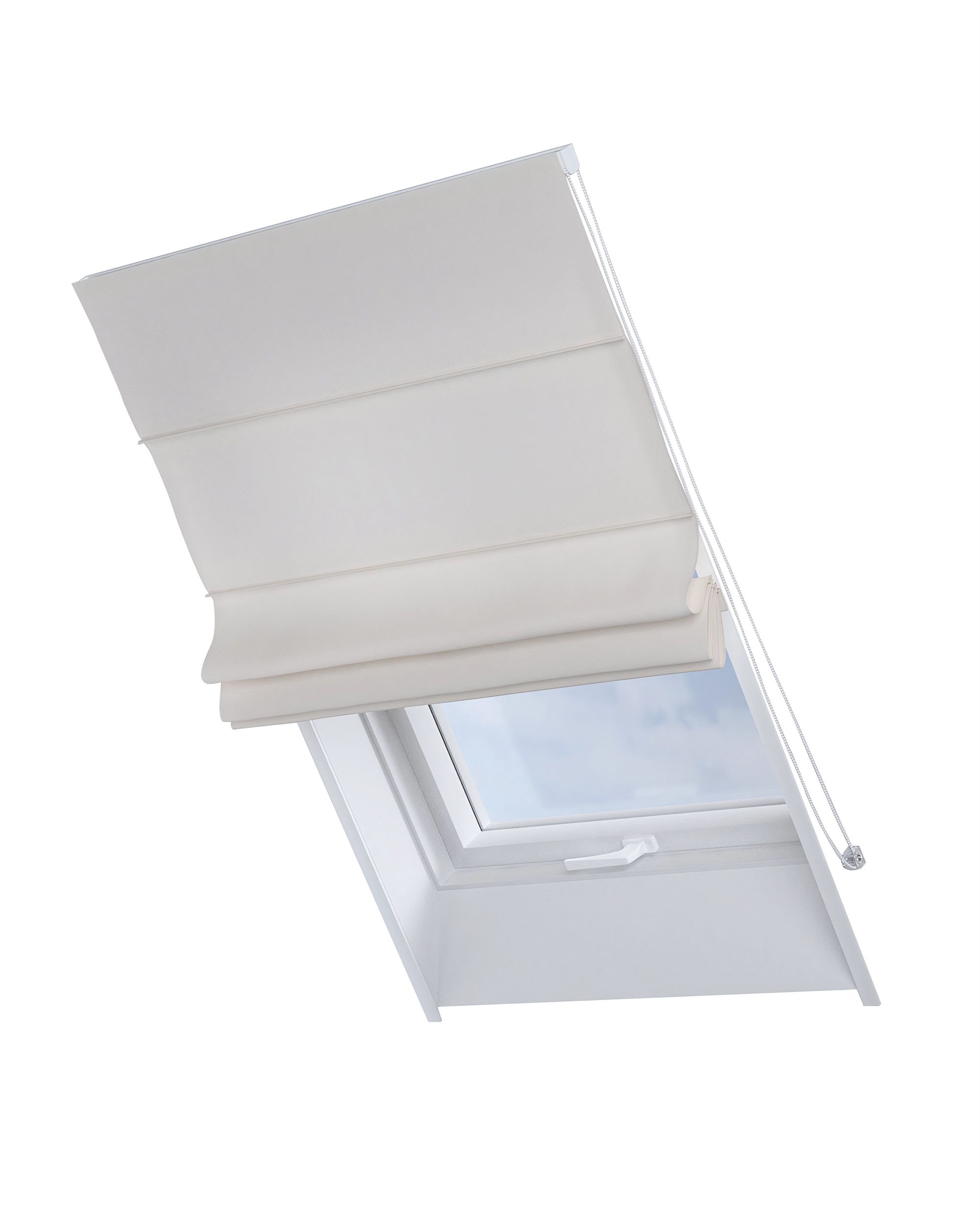 Roman blind for roof window Rimini colour white fabric semi-sheer, structured